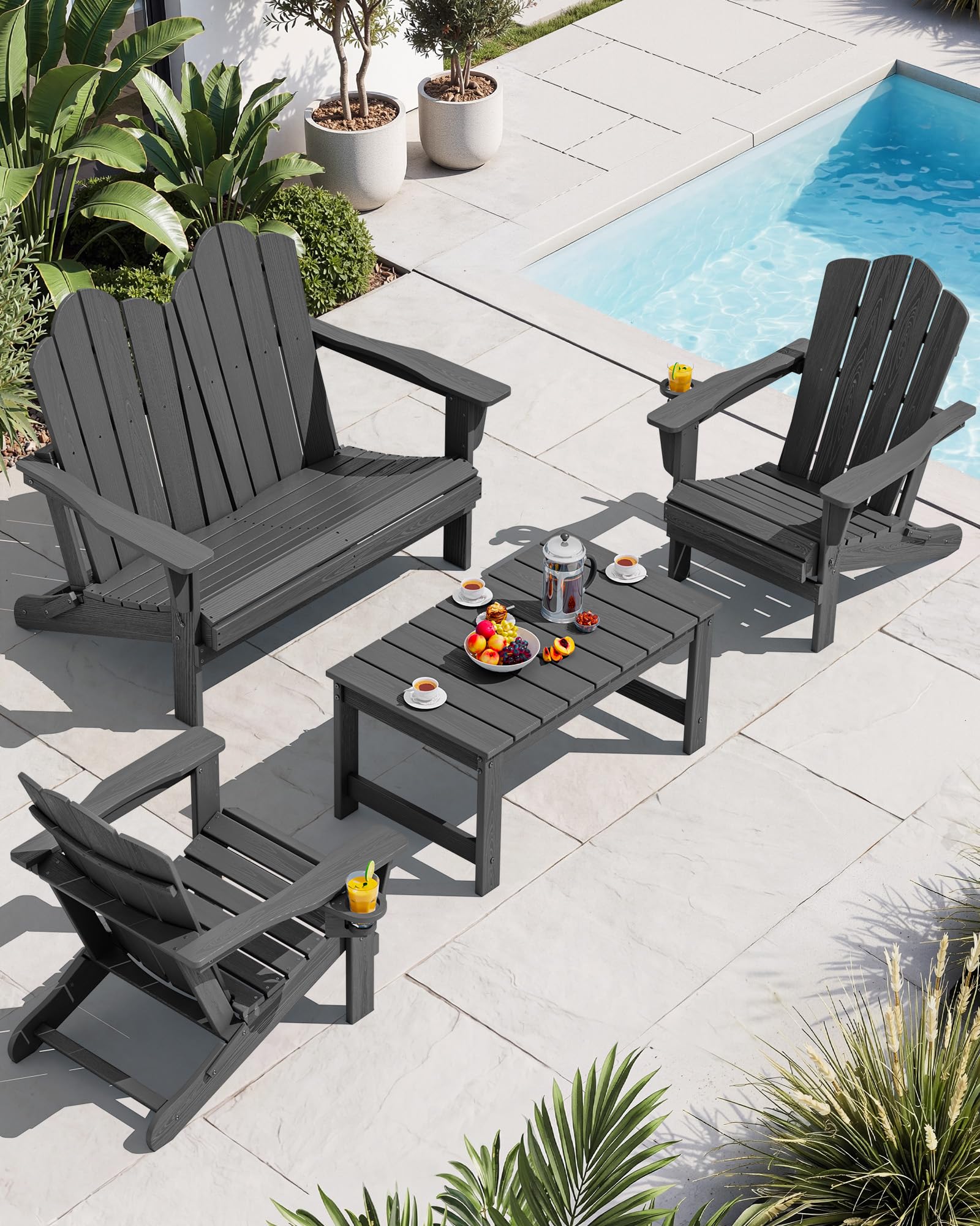 SERWALL 4-Pc HDPE Adirondack Set, 2 Chairs, 1 Bench &amp; 1 Coffee Table, Grey