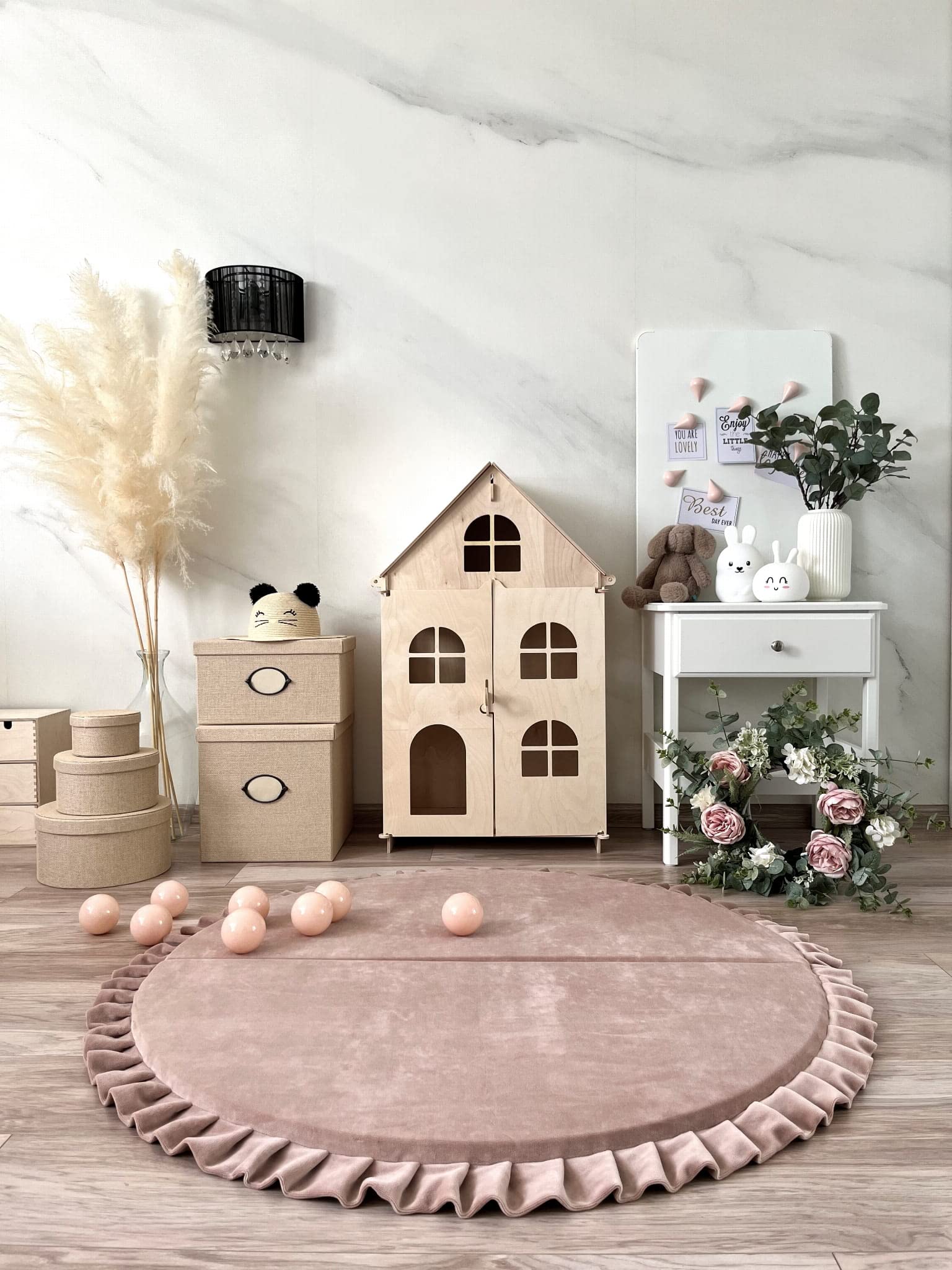 Beige Runde XXL Spielmatte aus Weicher Samt für Kinder und die ganze Familie mit abnehmbarem Bezug 125x125 cm Babyspielmatte Kuschelmatte rutschfest Waschbar Kinderzimmer