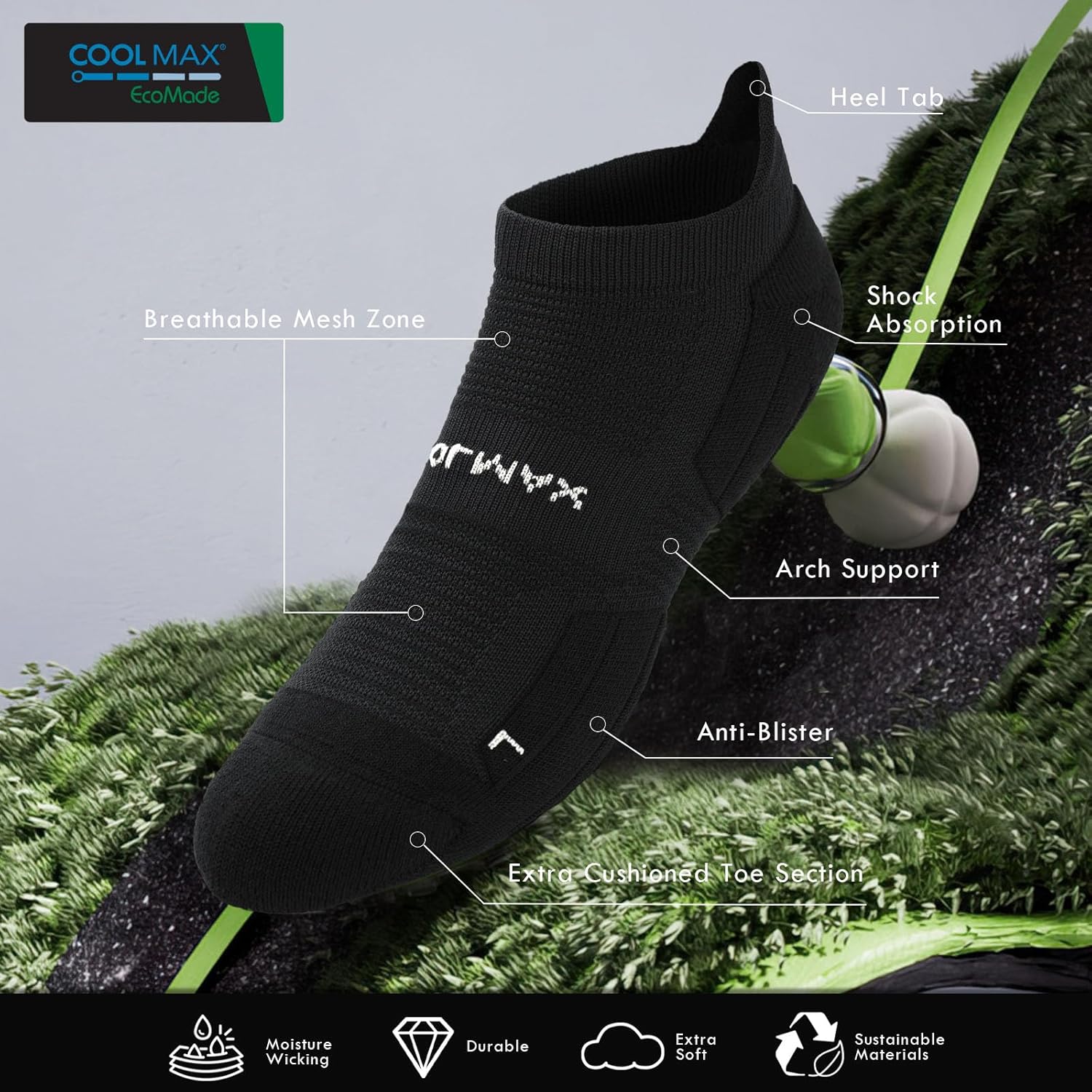 BRISIRA Coolmax Bamboo Viscose Compression Running Socks 3 Pairs Ankle Low Cut Athletic Anti Blister Cushioned Seamless - Image 2