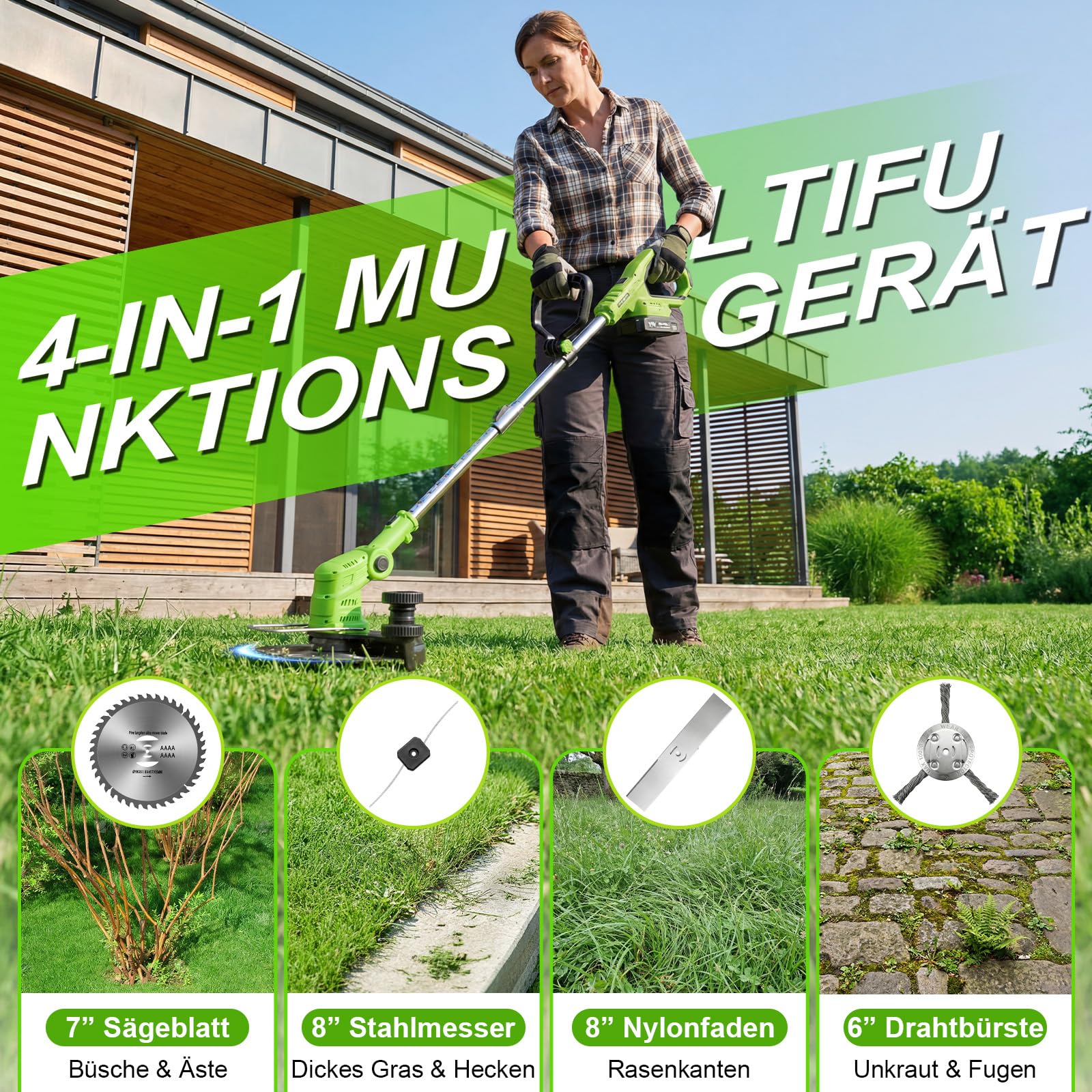 VOERJIA Desbrozadora a Batería 21V 850W, Cortabordes Eléctrico con Pantalla LCD, 2 Baterías 2.0Ah y Ruedas Laterales, Rotofil Potente 4-en-1 para Perfilado de Bordes y Jardines (Versión Pro) - 4