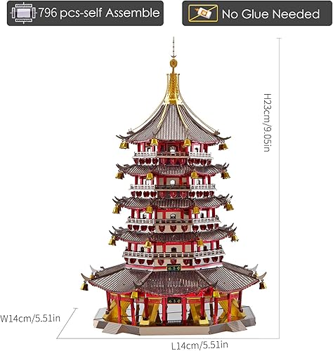 Miniatura 4 de Piececool Rompecabezas de metal 3D para adultos, kit de modelo de metal de torre Juyuan, rompecabezas de construcción de arquitectura antigua china,