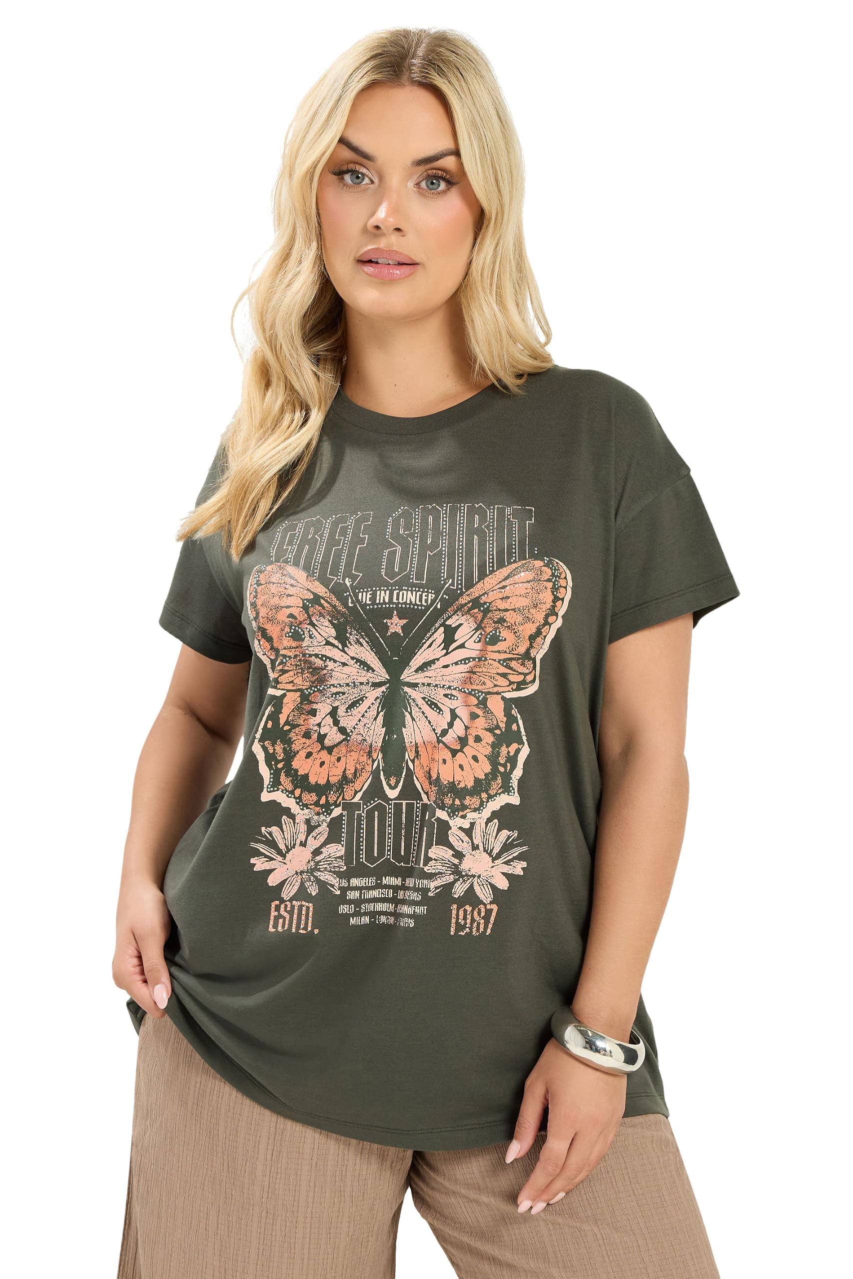 Yours Women's Dark Olive Butterfly Embellished T-Shirt In | Size: 22/24