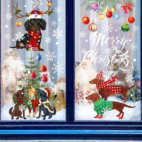 Miniatura 5 de AnyDesign - 76 calcomanías de Navidad para ventana, perros, árboles de Navidad, bolas de Navidad, calcomanías coloridas de Navidad para decoración