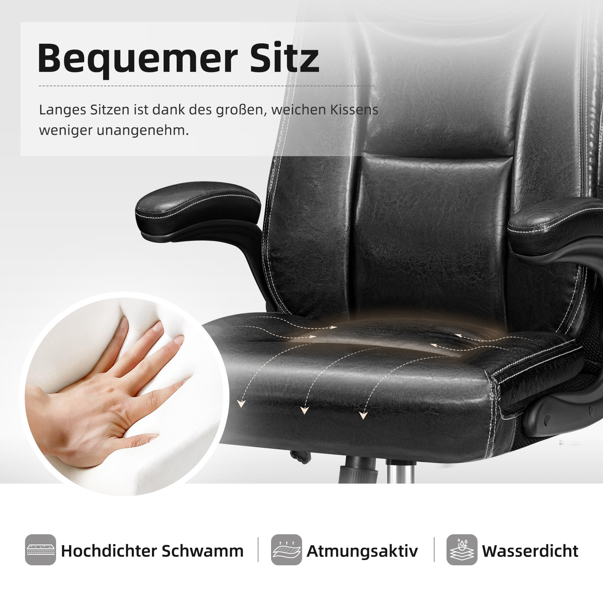 Fotel szefa, ergonomiczne krzesło biurowe z błyszczącej skóry PU, wysokie oparcie, 150 kg, krzesło do biurka z funkcją przechylania, do gabinetu, czarny