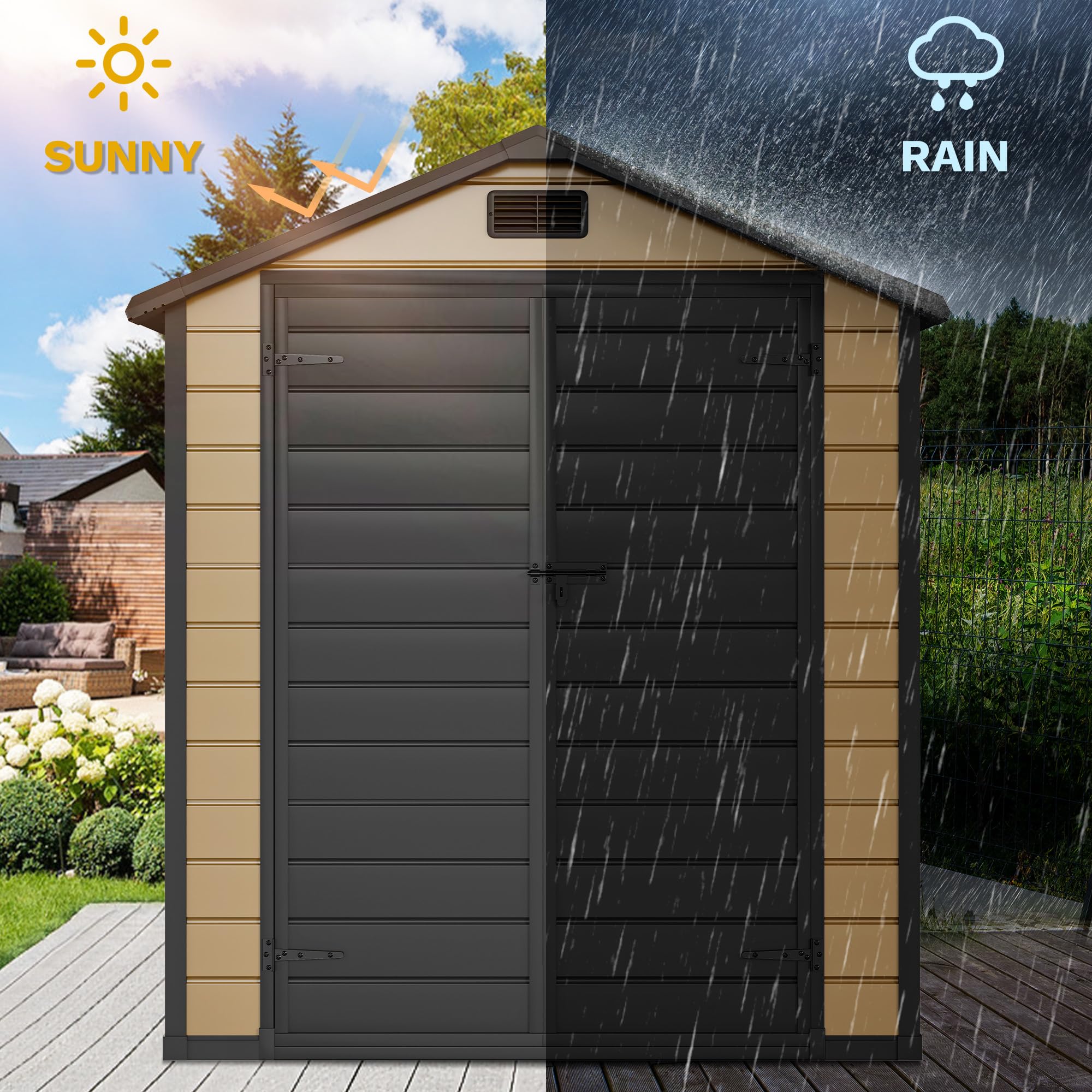 DWVO 6x4 FT Outdoor Resin Storage Shed with Reinforced Floor, All-Weather Bike Storage Shed with Lockable Door, Window and Vent, Waterproof Plastic Tool Storage for Garden, Backyard, Patio, Lawn,Brown — view 3