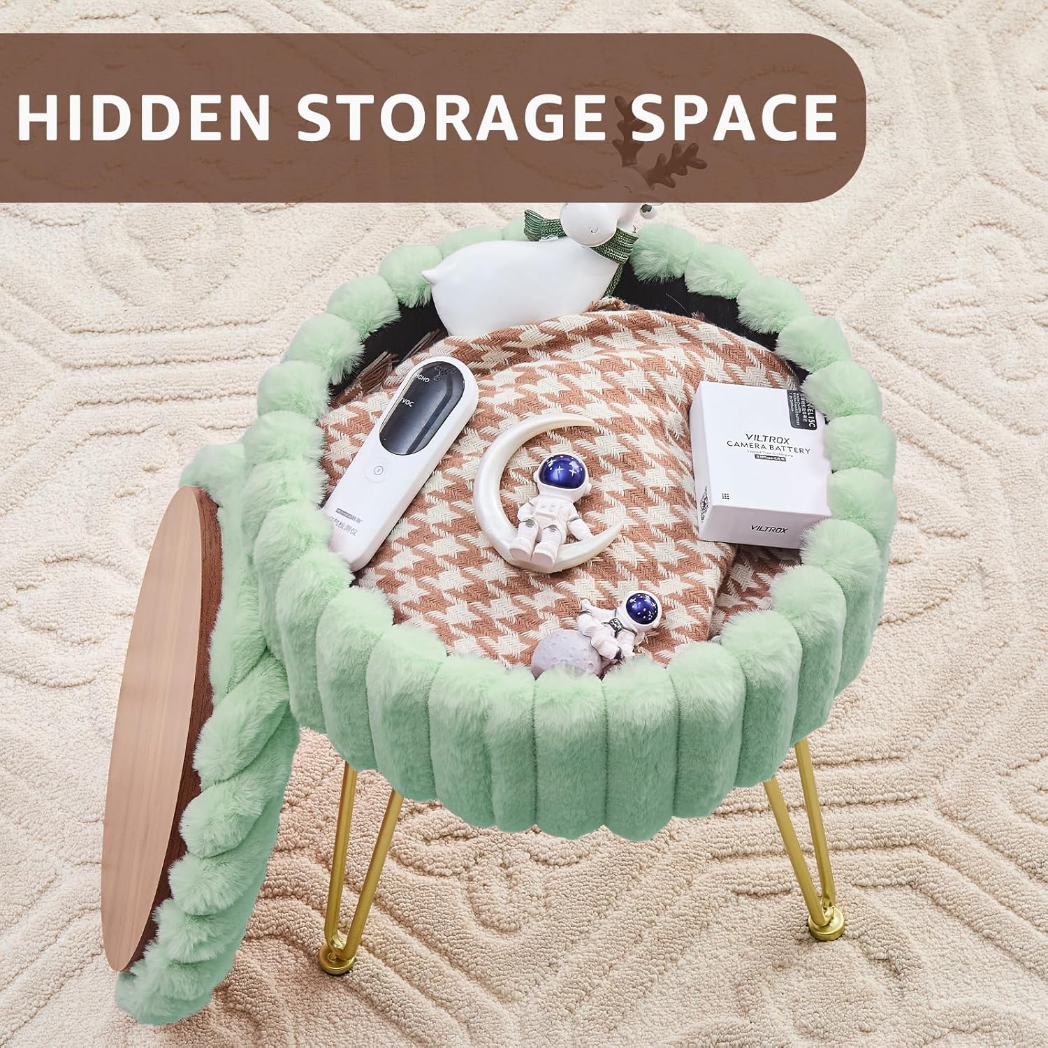 Wimarsbon Vanity Stool with Storage, Faux Fur Ottoman Chair with Metal Legs, Round Makeup Vanity Chair for Bedroom or Dressing Table, Modern Small Ottoman Seat (Green) - Image 5