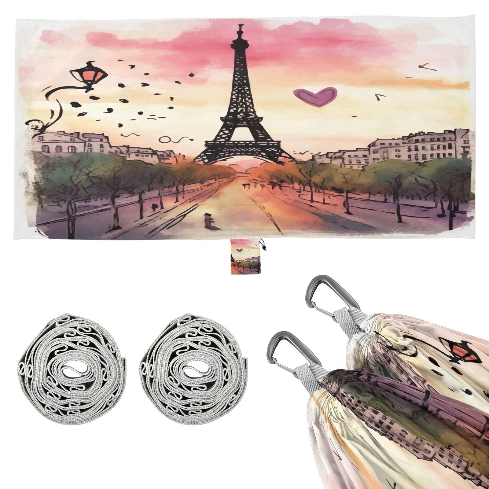 Haskirky Paris Eiffel Tower Camping Hammock, Single Portable Hammocks with Tree Straps & Attached Carry Bag, 330Lbs Capacity Perfect for Outside Indoor Hiking Beach Backpack Travel