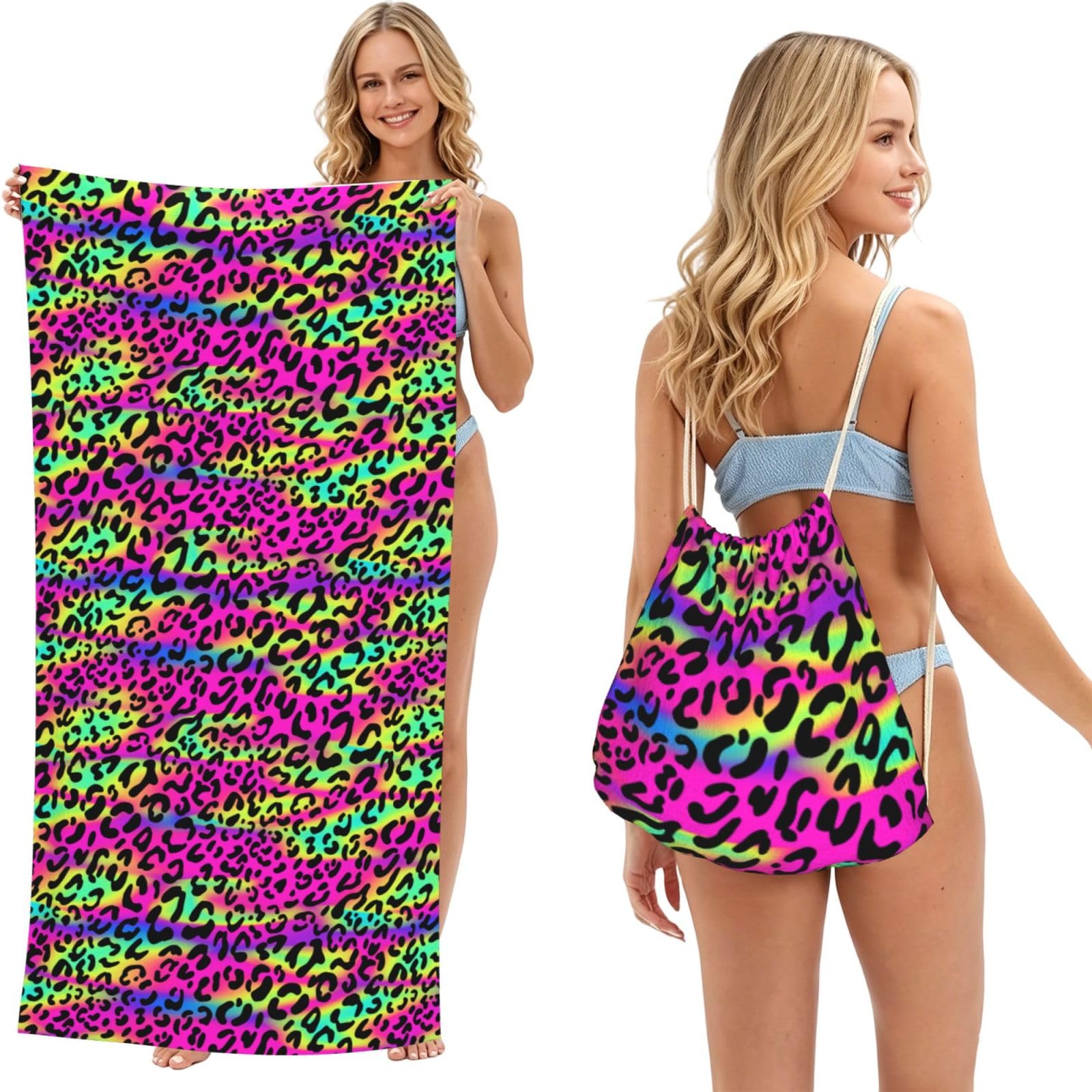 Poadnly As Picture Abstract Neon Bright Geometric Pattern, 2 In 1 Packable Towel Bag, Beach Towels With Drawstring Backpack For Travel Holiday Camping