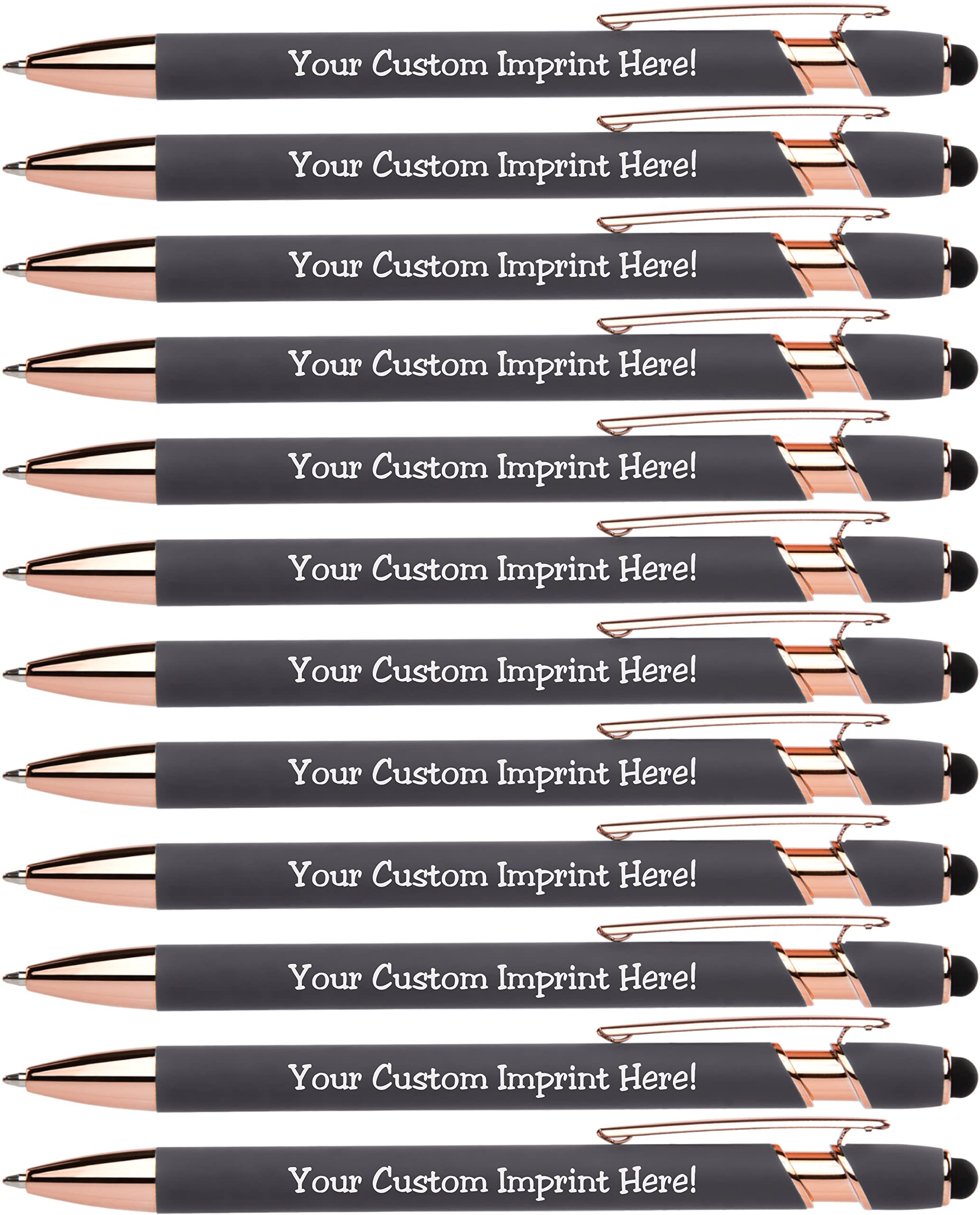 ExpressDesigns™ - Rose Gold Premium Custom Pens with Stylus | Rose Accent | Personalized Soft Touch Metal Printed Name Pens w/Black Ink - Imprinted w/