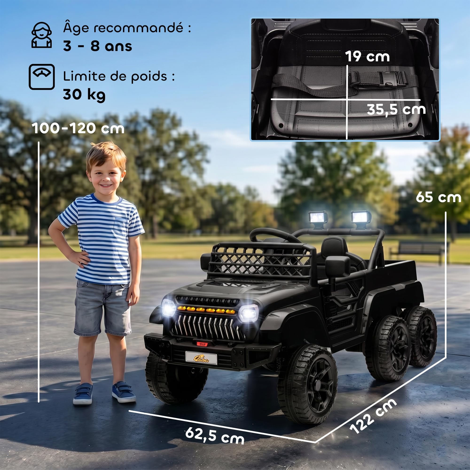 AIYAPLAY Samochód elektryczny dla dzieci 4 x 4 6 kół 2 silniki 122 x 62,5 x 65 cm czarny | Elektryczny buggy dla dzieci, tryby 4x4 i 2x2, pilot 2,4G, 12 V, 3 prędkości, przyczepa tylna, muzyka, światła LED