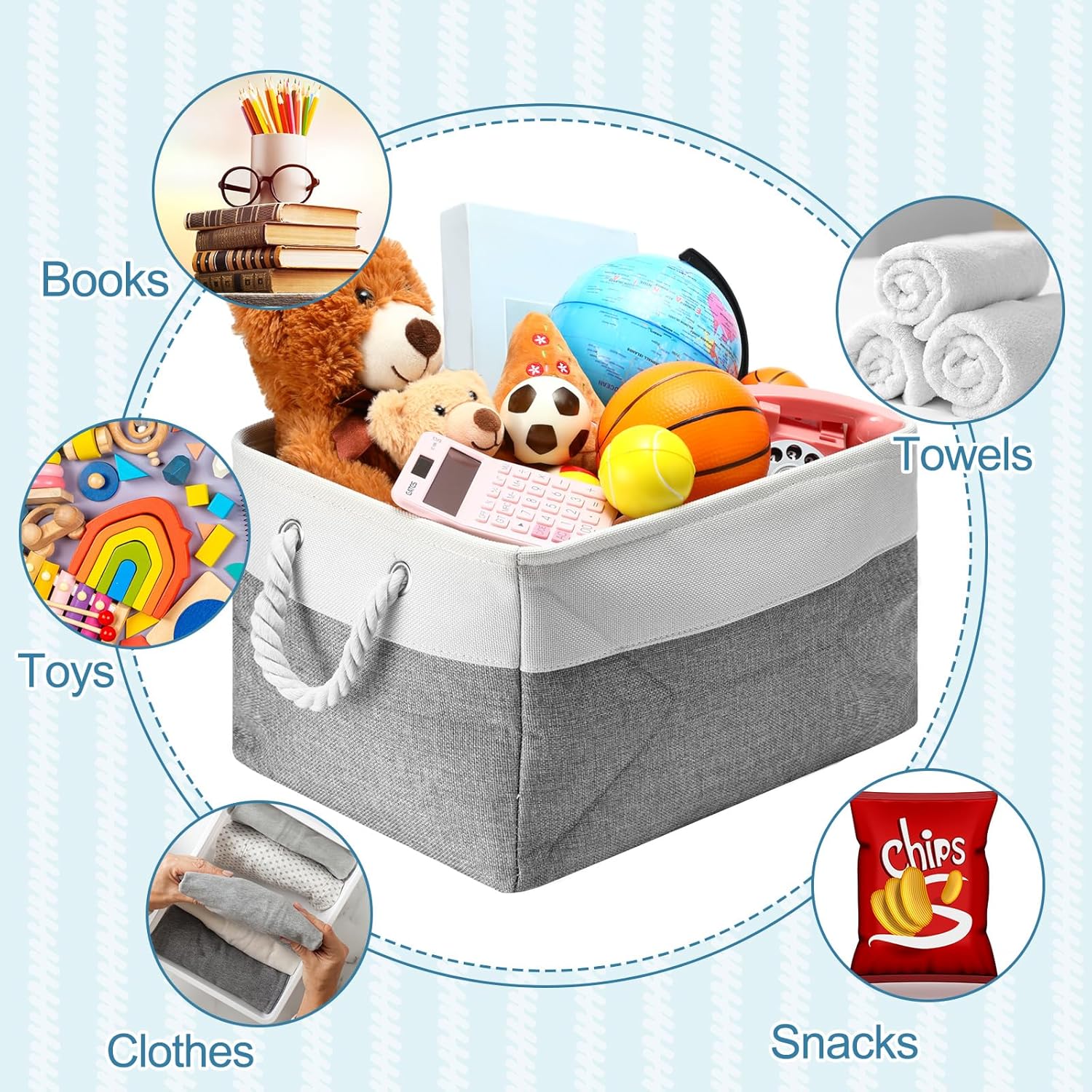 FoldTier 10 Pack Large Collapsible Fabric Storage Baskets with Handles Decorative Storage Bins for Organizing Shelves Toys Clothes(White & Gray,16 x 12 x 10 Inches)