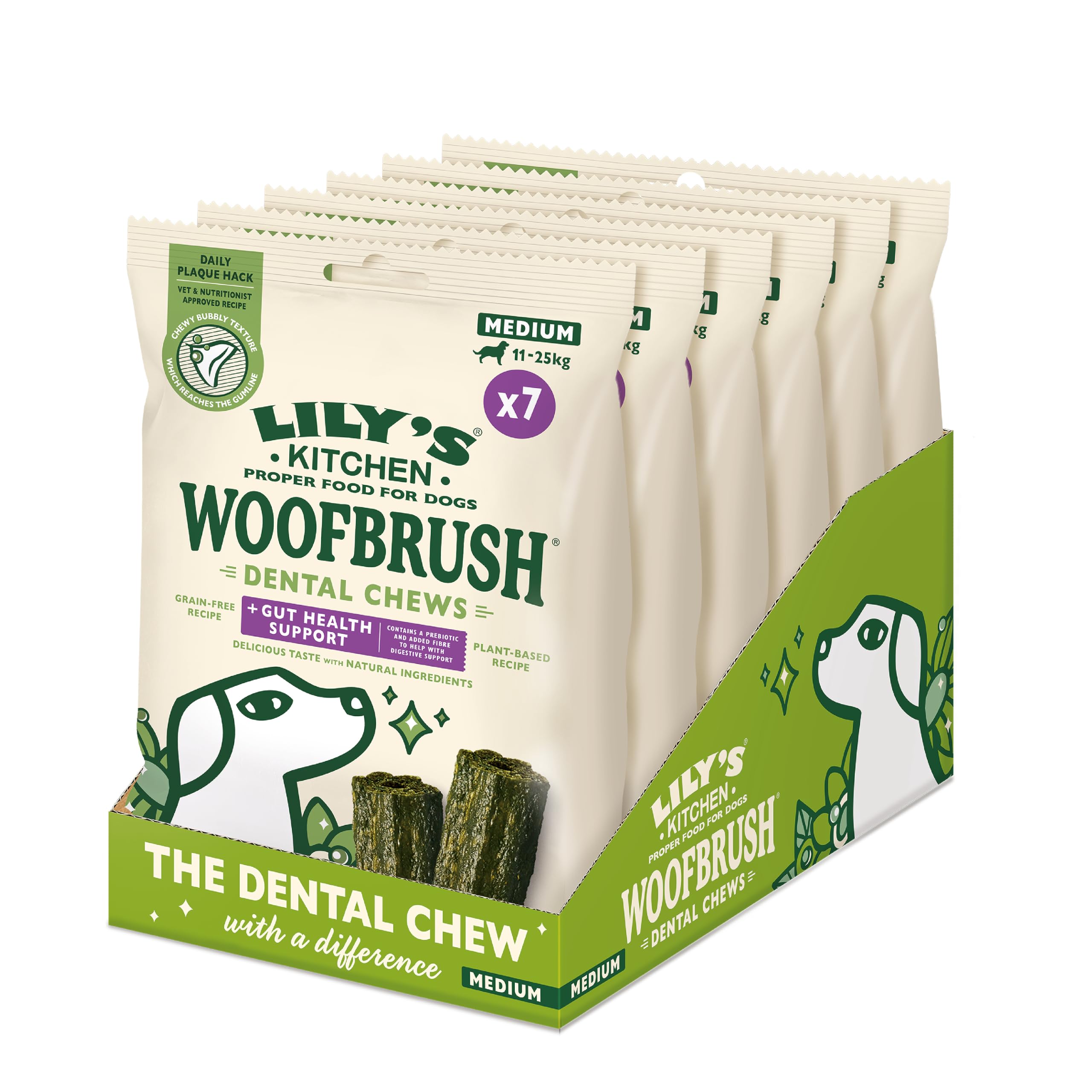 Lily’s Kitchen Woofbrush Gut Health Support Medium Dental Dog Chew, Adult Dog 6xPacks(196g), Grain-free Recipe, With Natural Ingredients, for Medium Dogs