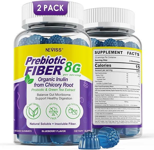 Fiber Gummies for Adults 8g (Inulin, Psyllium Husk, FOS More) with Probiotics, Green Tea Extract, Sugar Free Plant Based Fiber Supplement Blend for Digestive Health, Regularity, Non-GMO, Vegan, 120Cts