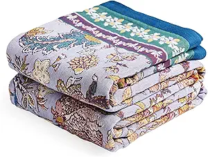 Boho Throw Blanket 60" x 80", 100% Organic Cotton Breathable Ultra Soft Bed Purple Quilt Throw - All Season Luxury Floral Farmhouse Decor Blanket for Sofa Couch Chair and Gift.