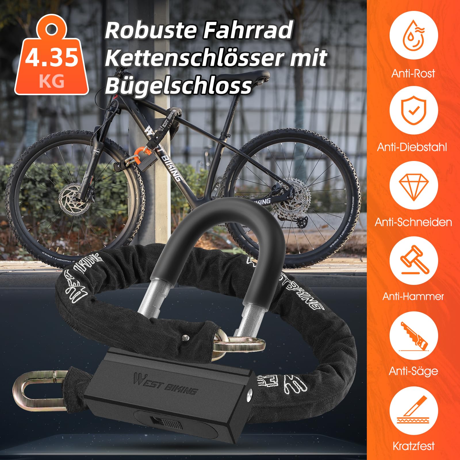 Blokada łańcuchowa rowerowa, 120 cm, wysokie bezpieczeństwo, 12 mm, mocne zapięcie do motocykla, Heavy Duty, antykradzieżowe, zapięcie łańcuchowe do roweru elektrycznego, bezpieczne zapięcie