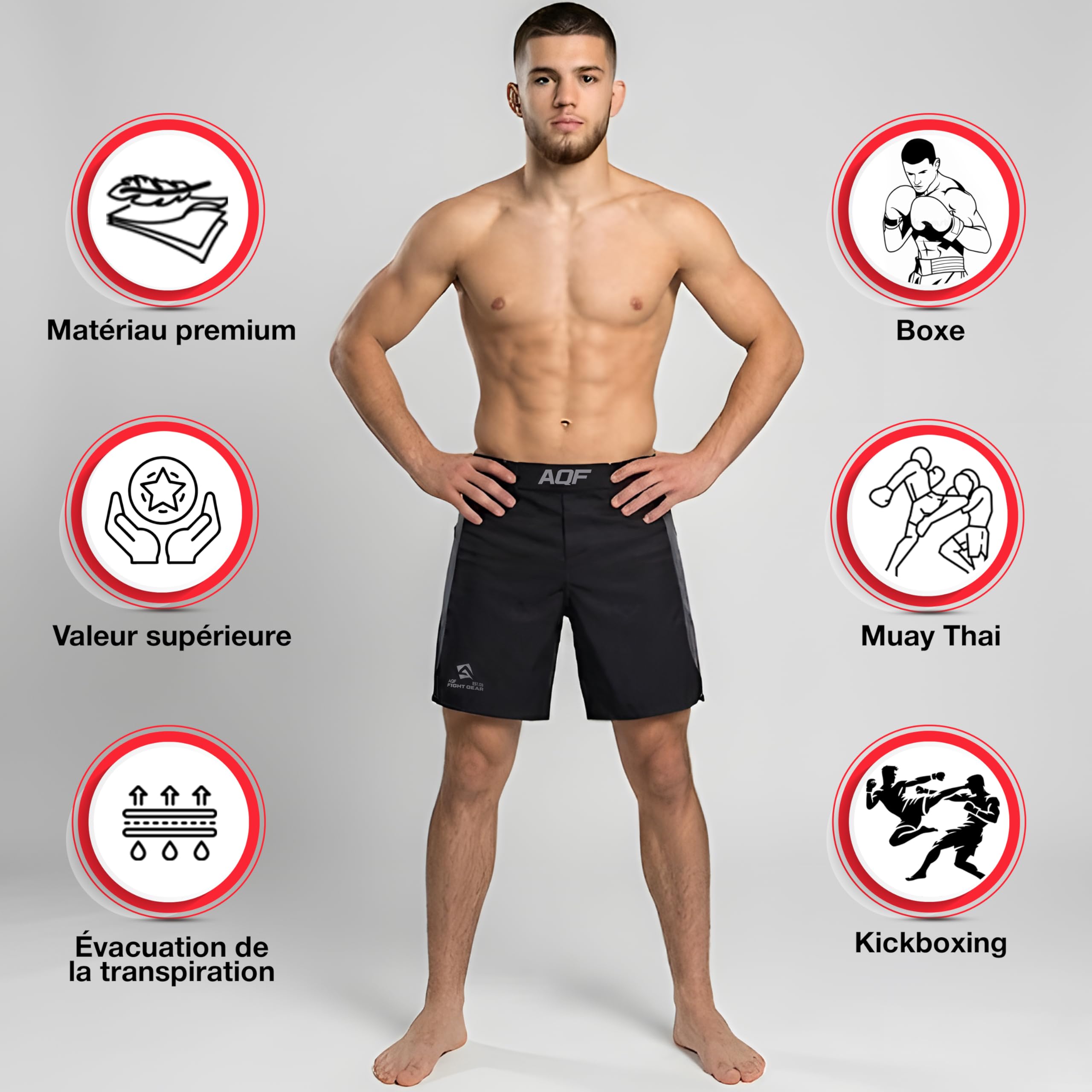 AQF Boxer Calecon Homme, Short MMA, Short Boxe, Grapling Calecons, Short Muay Thai 4-Way en Stretch avec Évacuation De L'humidité pour Boxing, Combat, UFC, Cage Fighting, Short D'entraînement