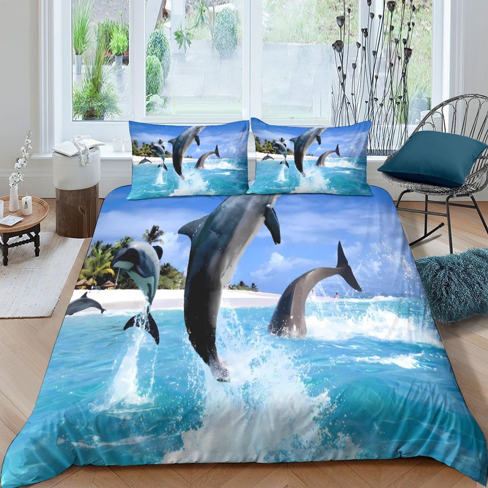 TUFRTGYHN 3D Printed Ocean Dolphin Duvet Cover Microfiber Soft Breathable Beach Wave Bedding Set with 2 Pillowcases for Bedroom Decor Single（135x200cm）