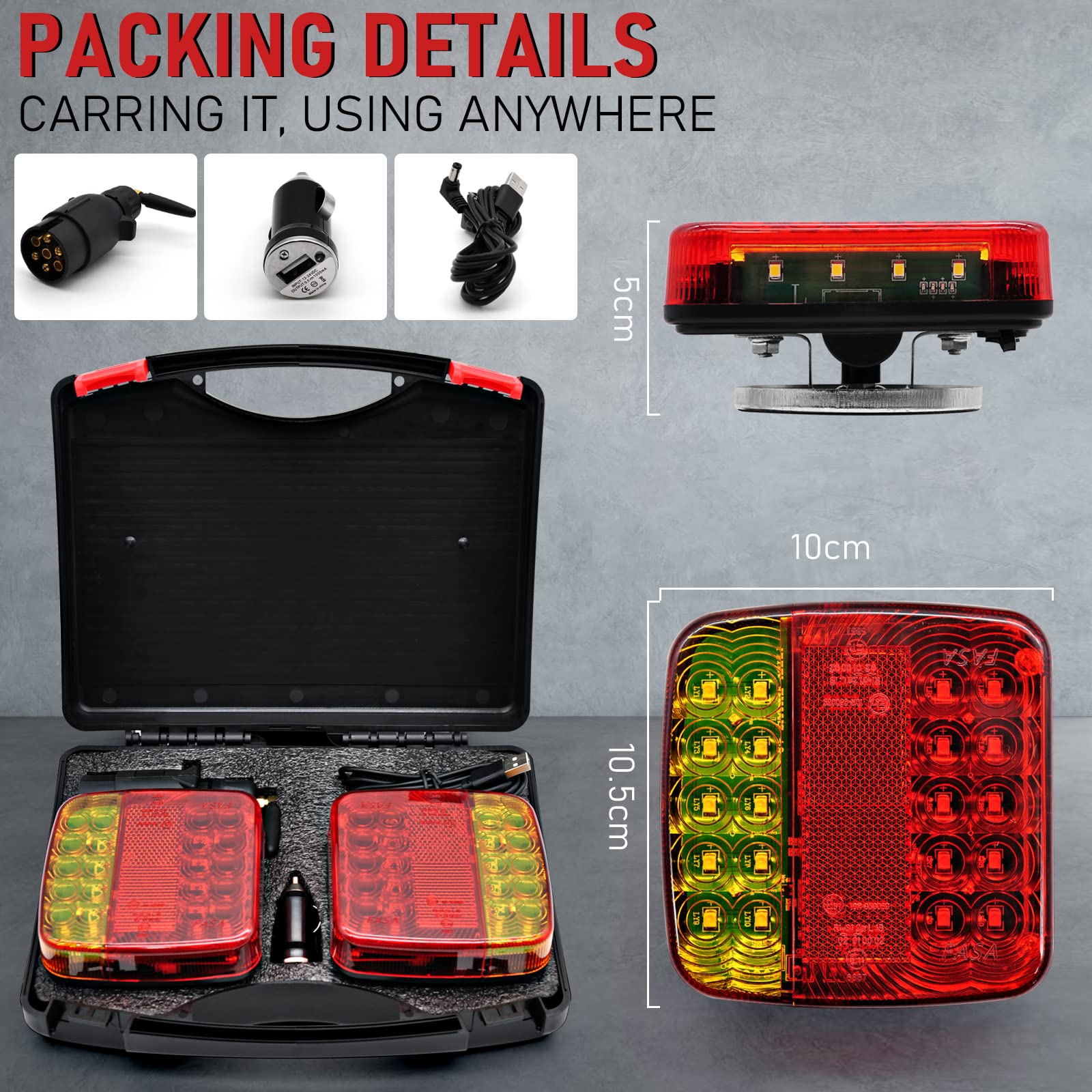 Dinfu Luci posteriori a LED a batteria con base magnetica, set di luci posteriori a LED da 12V-24V con spina a 7 poli per rimorchi auto camion caravan