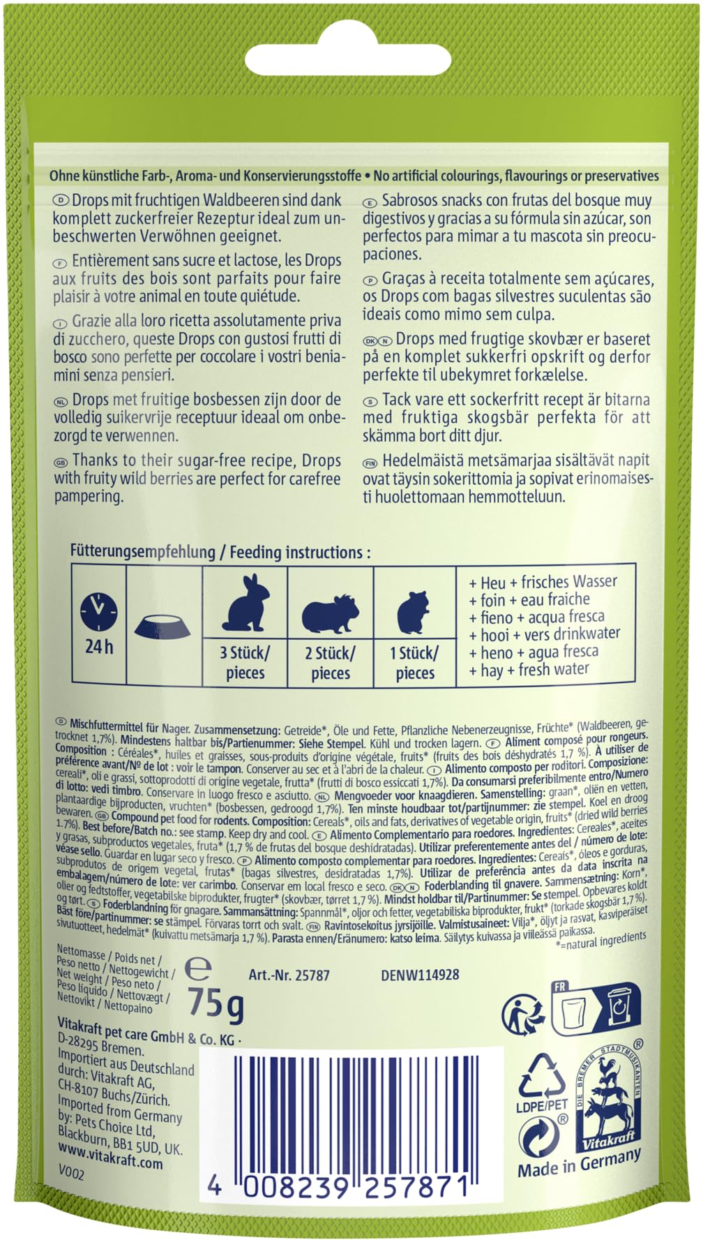 Vitakraft Drops, friandises pour rongeurs, saveur fruits des bois, nourriture pour rongeurs, sans sucre ajouté (1x 75g)