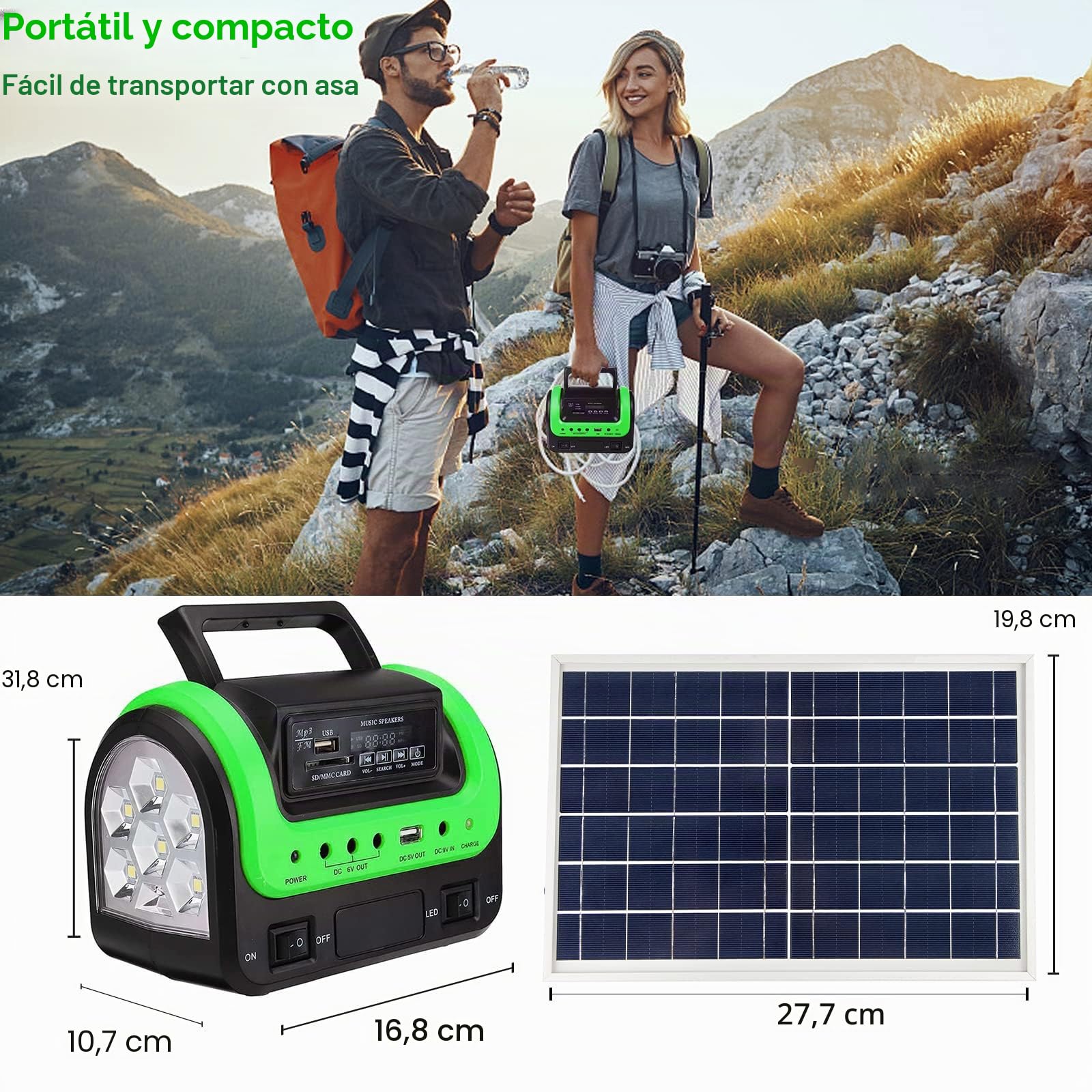 Generador solar portátil con panel, pequeña estación de energía para acampar | Estación de energía solar compacta con luces LED y carga USB. Incluye panel solar para camping, energía de respaldo de viaje