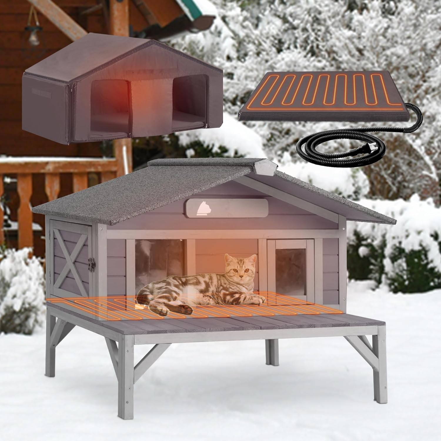 GUTINNEEN Heated Cat House for Outside, Outdoor Cat House Insulated with Electric Heating Blanket, Bite-Resistant Wires, Weatherproof Feral Cat Shelter for Winter - Grey