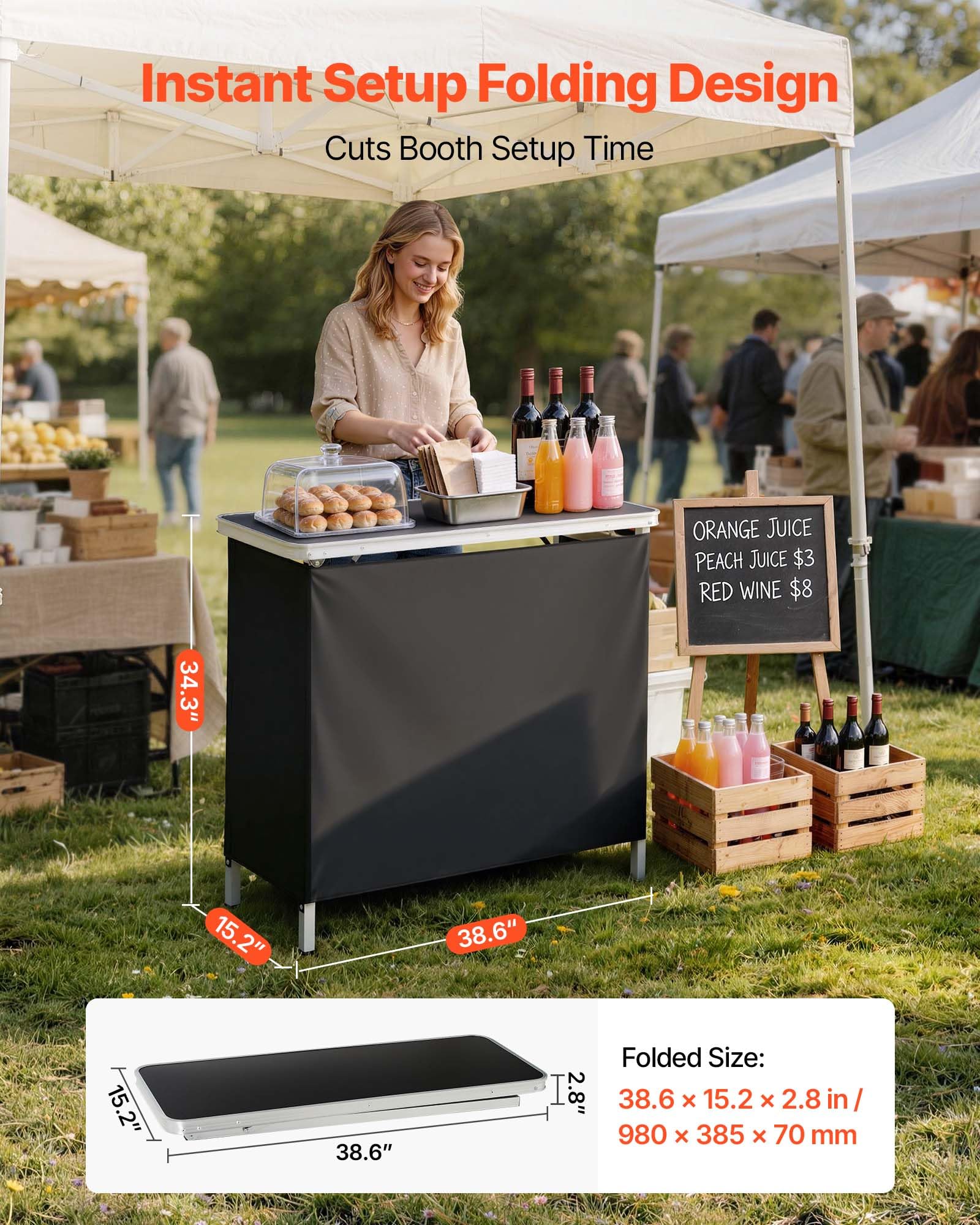 VEVOR Tavolo da Bar Pieghevole e Portatile, Bancone Smontabile 980 x 385 x 870 mm, con Borsa per Trasporto, Ripiano Portaoggetti e Tela Rimovibile, Postazione Bar per Mercatini Eventi Feste e Fiere