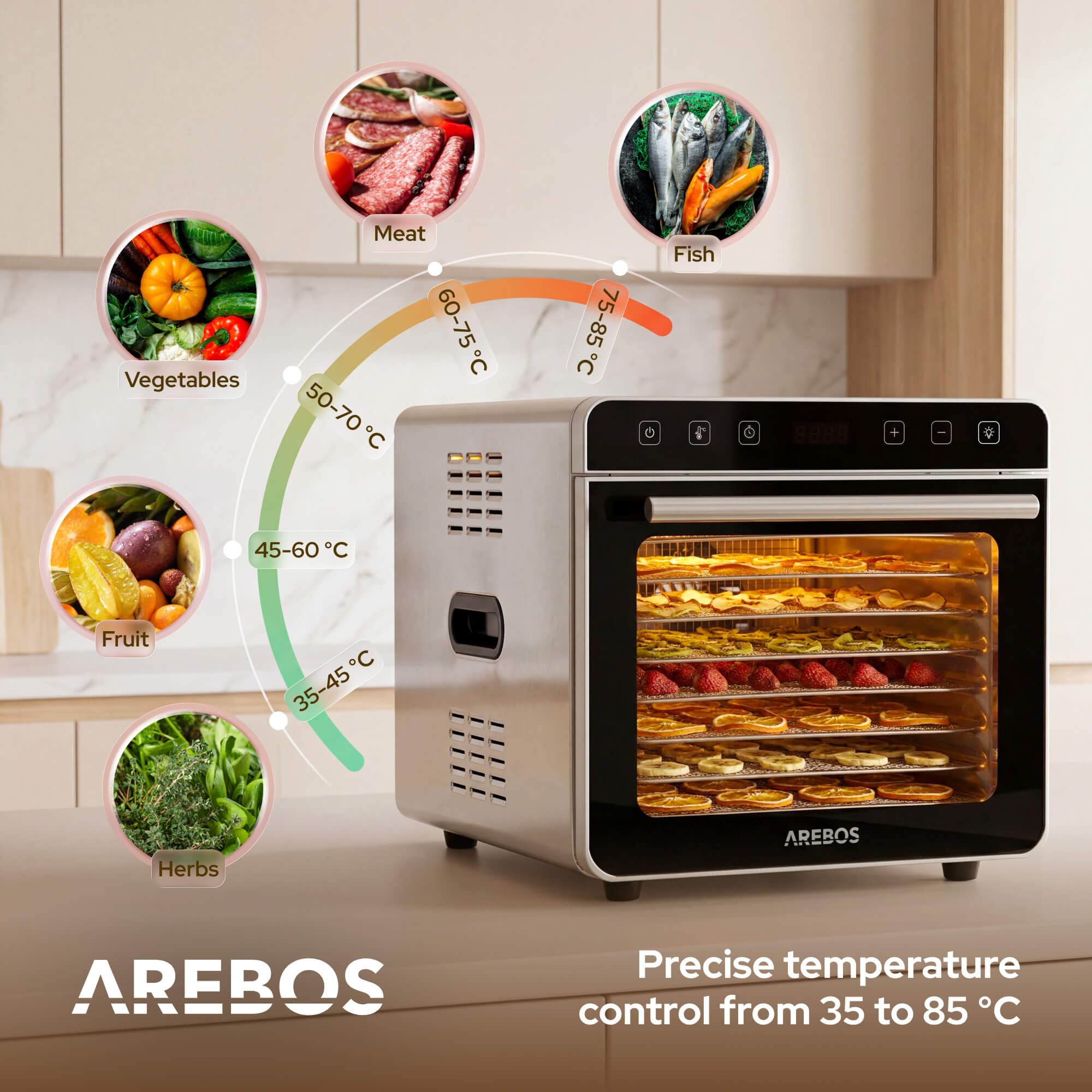 Arebos Deshidratador de Alimentos de Acero Inoxidable 700 W | 8 Bandejas de Acero Inoxidable | Capacidad 19 L | Pantalla Táctil, Luz LED, Temporizador 24 h, 35-85 °C | Fruta, Carne, Hierbas