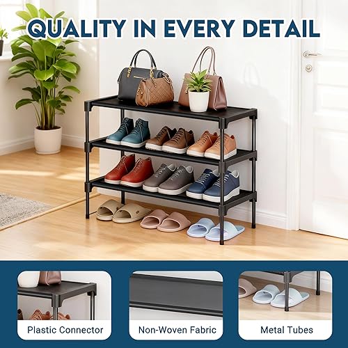 Miniatura 5 de LOFTEY Zapatero no tejido de 3 niveles, organizador apilable para armario, puerta delantera y entrada, 28 pulgadas de ancho, color negro