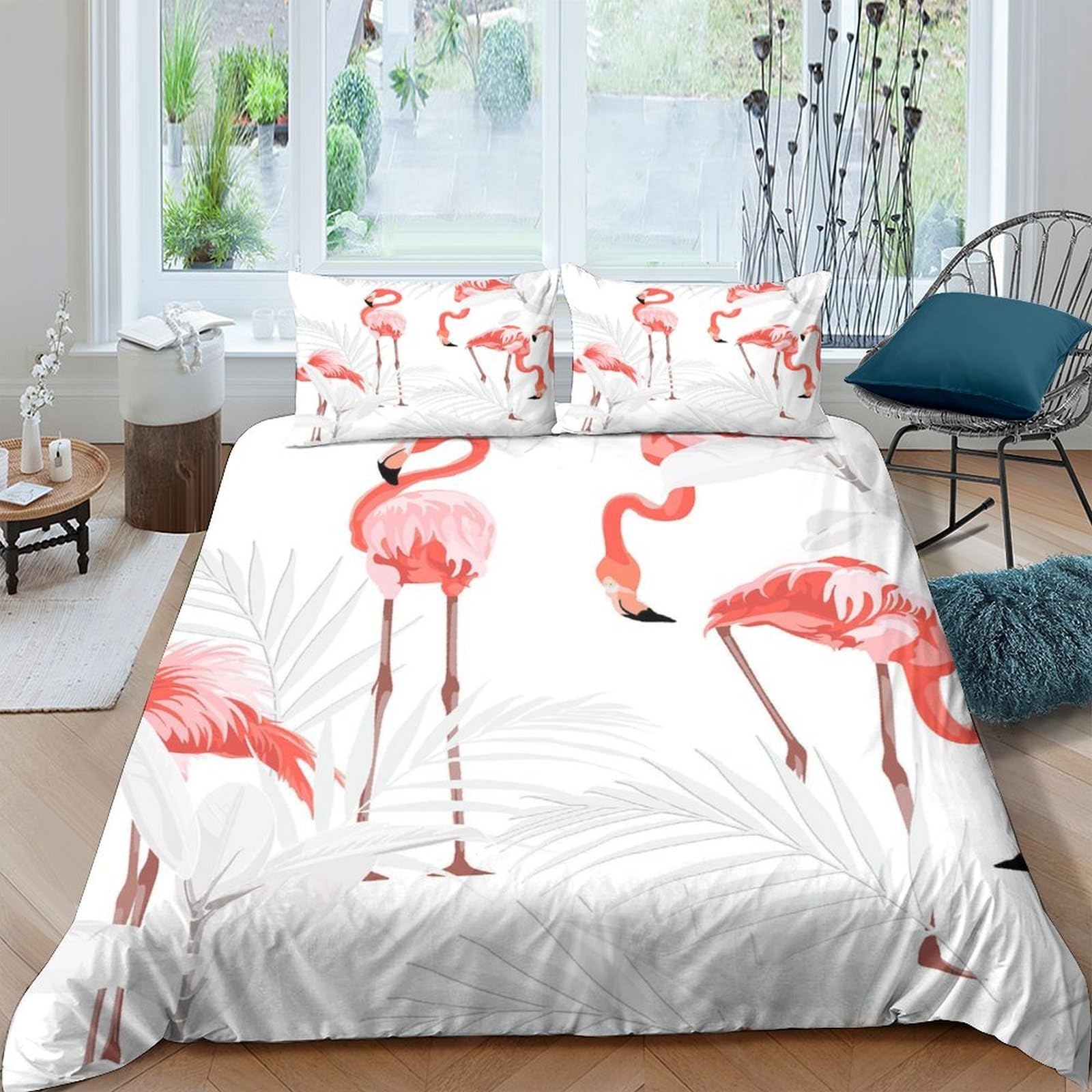 P5V6M1Q9 3D Printed Flamingo Theme Duvet Cover Microfiber Soft Breathable Tropical Birds Bedding Set with 2 Pillowcases for Bedroom Decor Single（135x200cm）