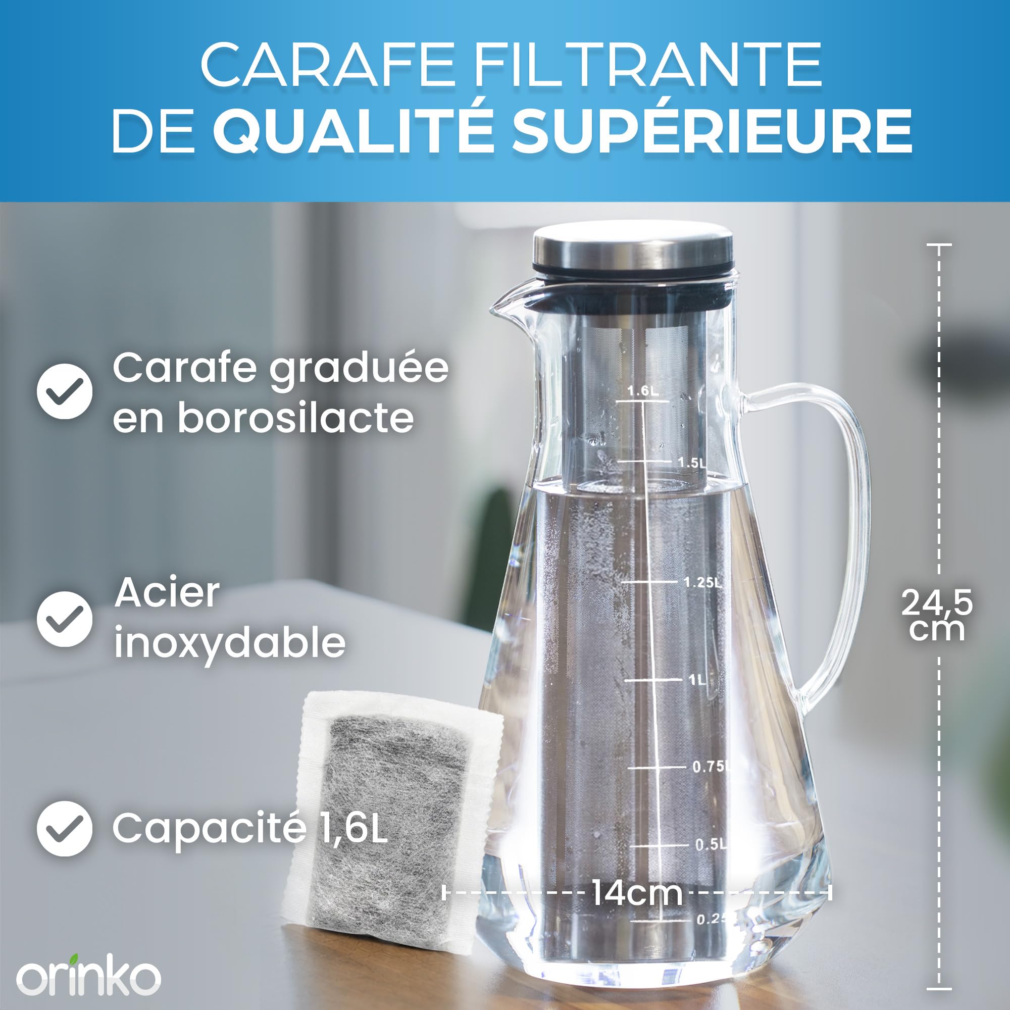 ORINKO Szklany dzbanek filtrujący 1,6 l + filtry do wody z węglem francuskim x2 - węgiel aktywny do naturalnego oczyszczania wody - potężna naturalna filtracja