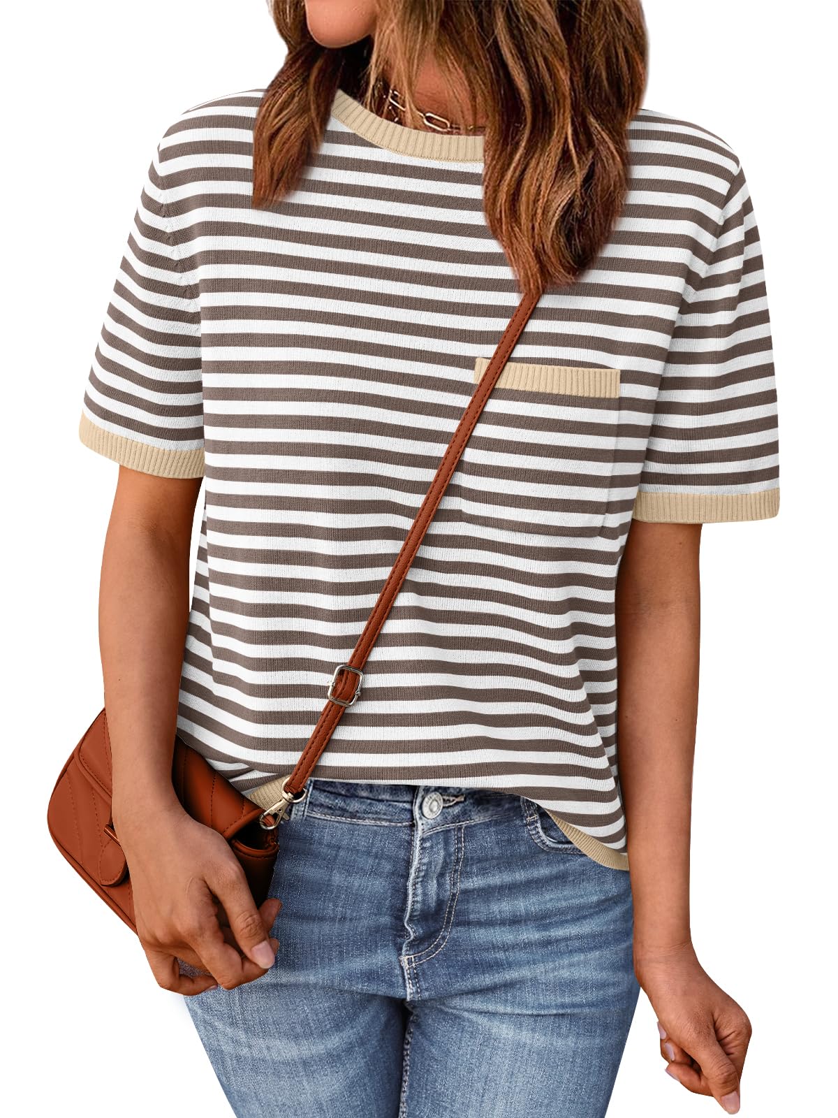 LILLUSORY Womens Striped Short Sleeve Sweater Pullover Shirts with Chest Pocket