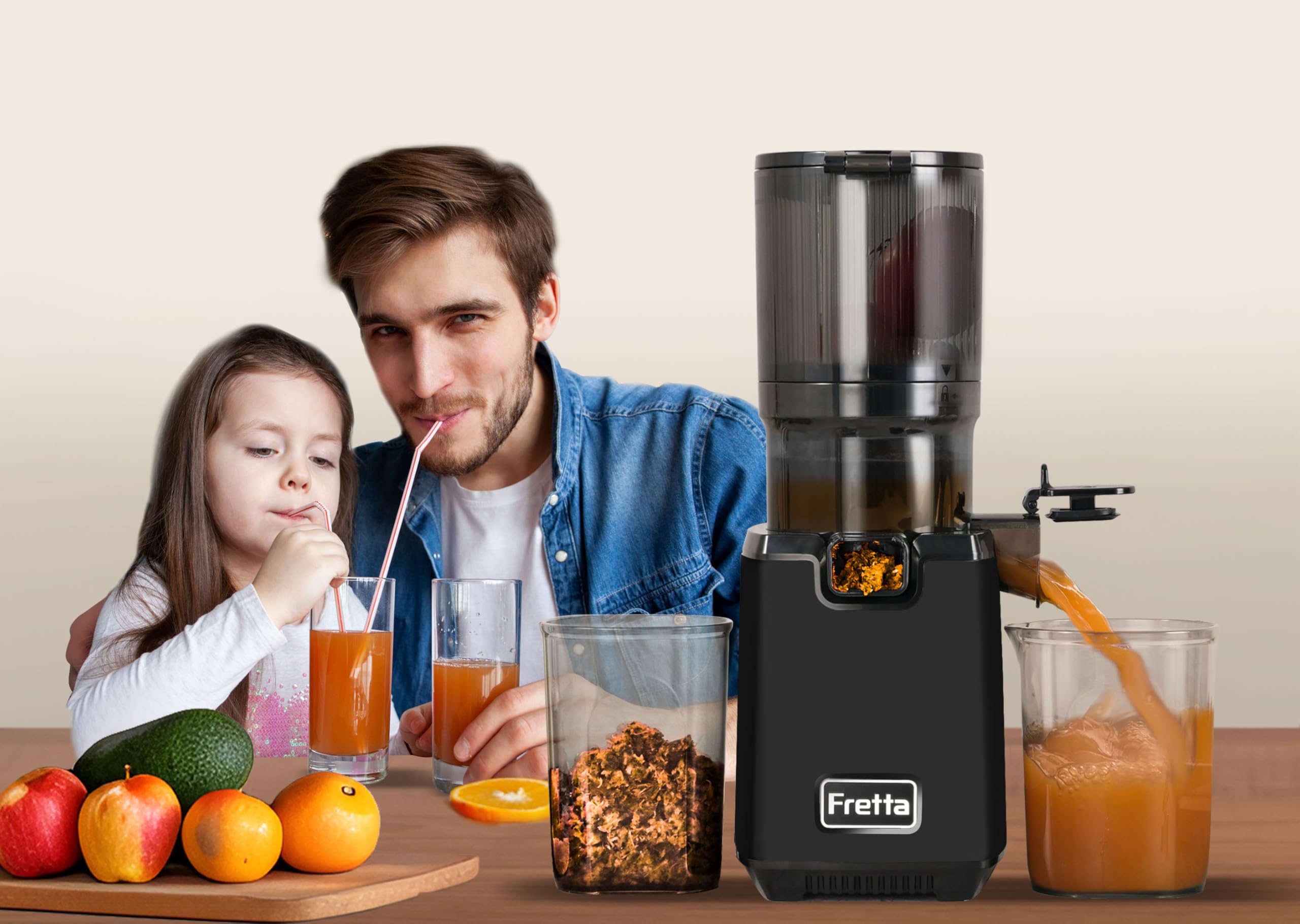 Fretta Extracteur de Jus à Mastication Lente, Grande Goulotte 135mm, Presse-agrumes Automatique 250W, Sans BPA