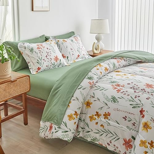 Miniatura 2 de AIKASY - Juego de cama de 7 piezas, estampado floral, microfibra suave, juego de edredón de cama reversible (1 edredón, 2 fundas de almohada, 1