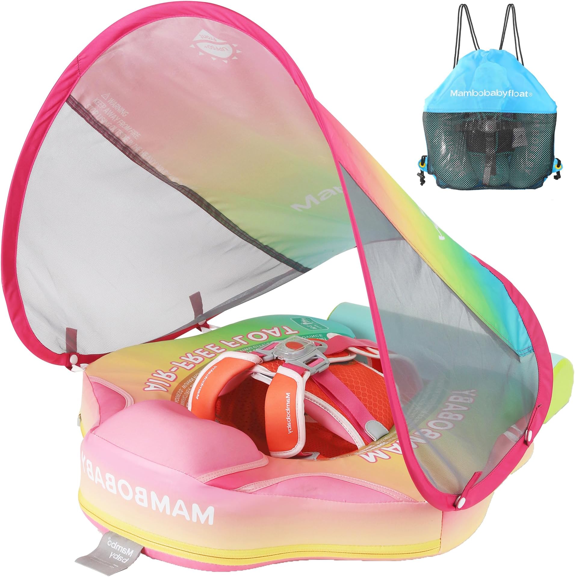 Newest Mambobaby Baby Swim Float with Canopy Non-Inflatable Infant Pool Swim Float Add Tail Solid Water Floats Smart Swim Trainer for Infant Toddler 3-24 Months