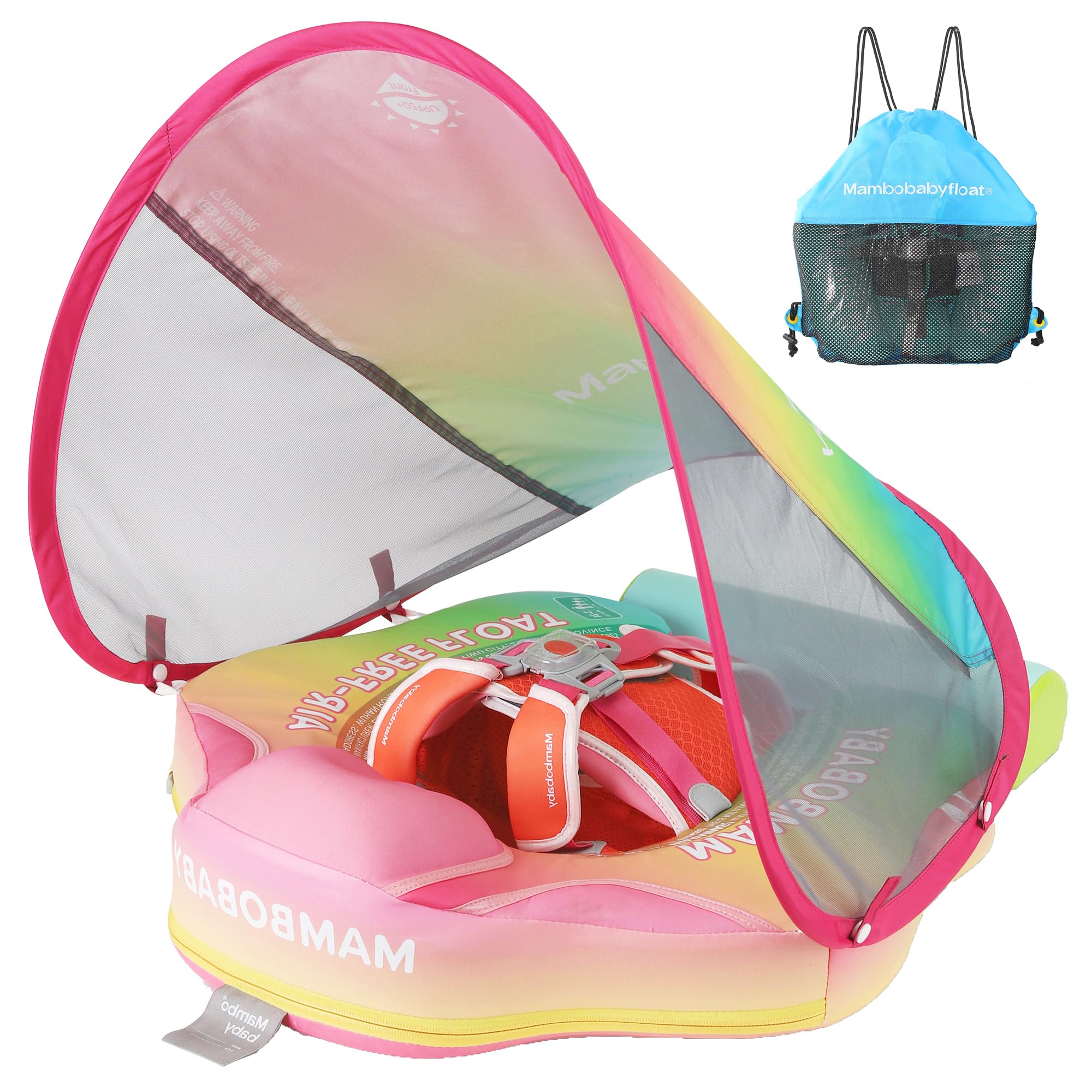 Mambobaby Float with Canopy Baby Float Non Inflatable Baby Safety Float for Swimming Pool Float Upgraded Tail Soft Skin-Friendly Material for Toddler Infant 3-24 Months, Rainbow