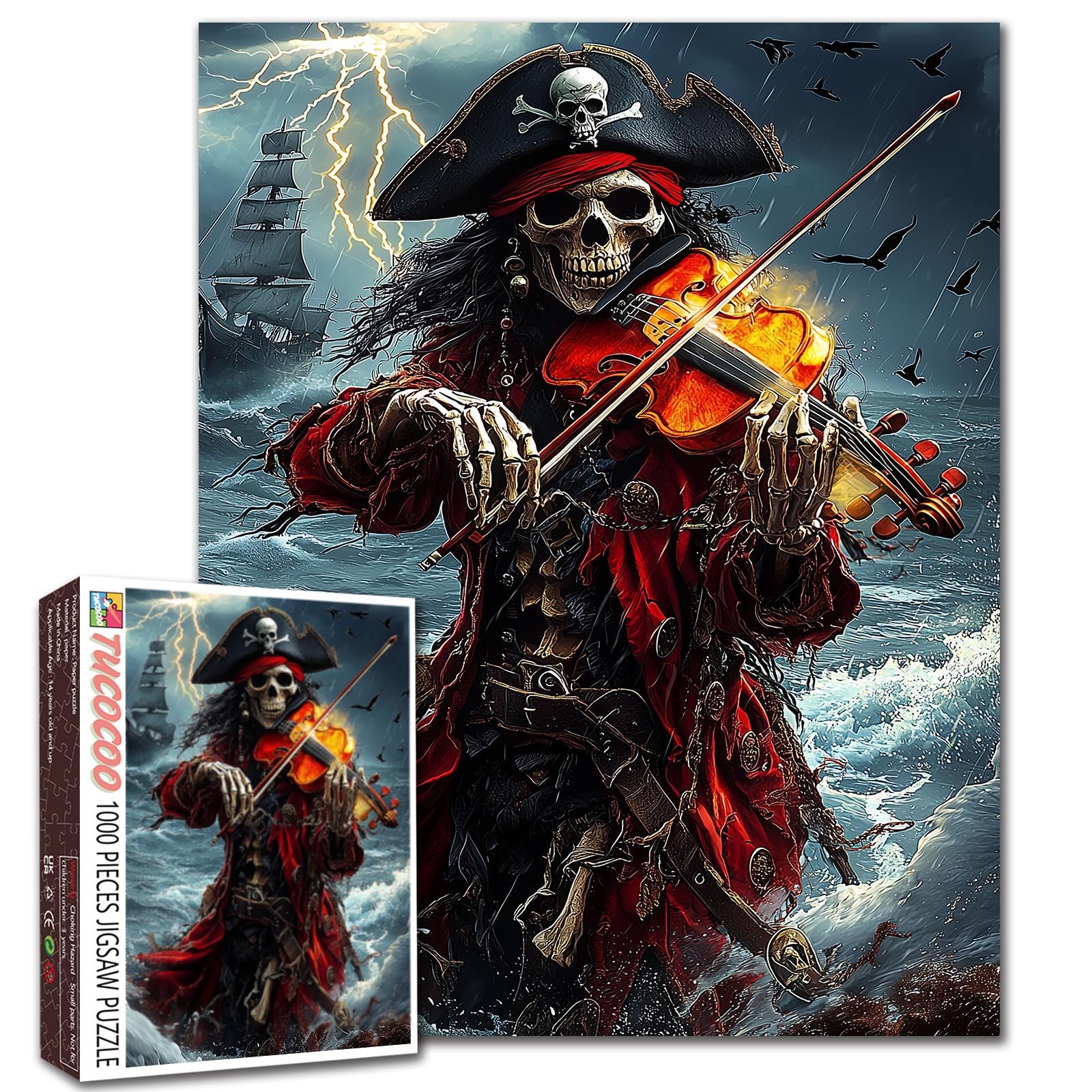 Skeleton Play the Violin Jigsaw Puzzles for Adults 1000 Pieces Skeleton Pirate DIY Puzzles for Challenging Family Activity Games Skull Art Jigsaw Puzzles Home Wall Decor Craft Gifts 20x27 Inches