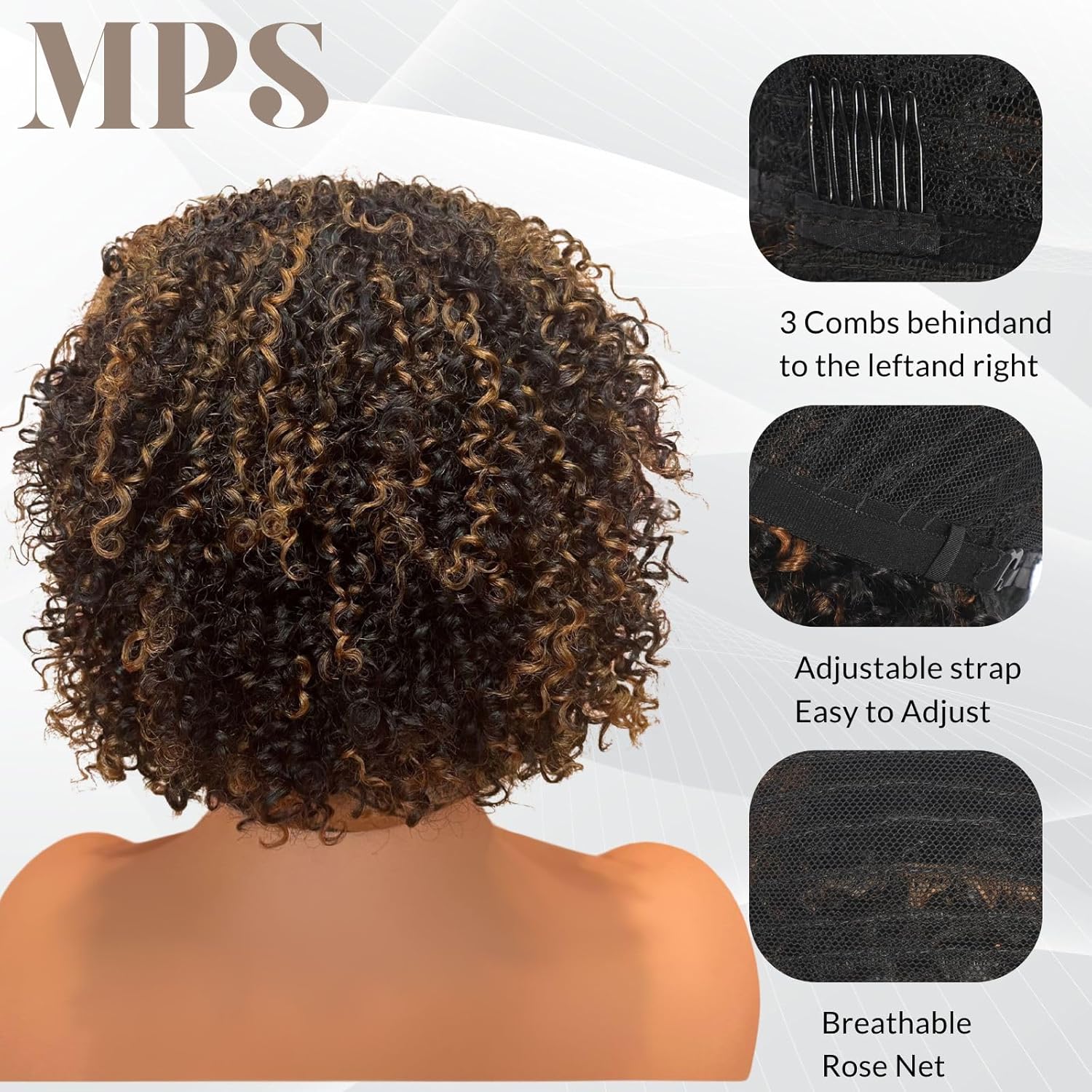 MPS Kinky Curly Wig with Bangs Blonde Highlight Wigs 3C-4A Coily Afro Curl Human hair Wig Short Human Hair for Black Women Ready to Wear