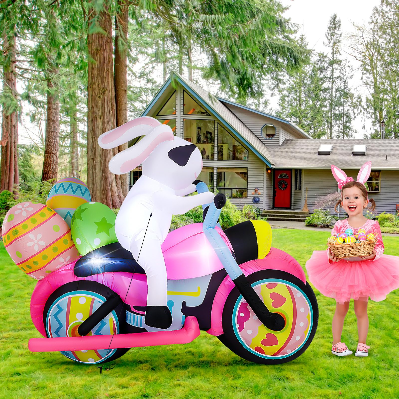 Photo 1 of 6 FT Long Lighted Easter Inflatable Bunny on Motorcycle with Eggs Decorations LED Blow Up Bunny Easter Inflatable Outdoor Decorations with Built in LED Lights for Yard Lawn Garden Home Decor