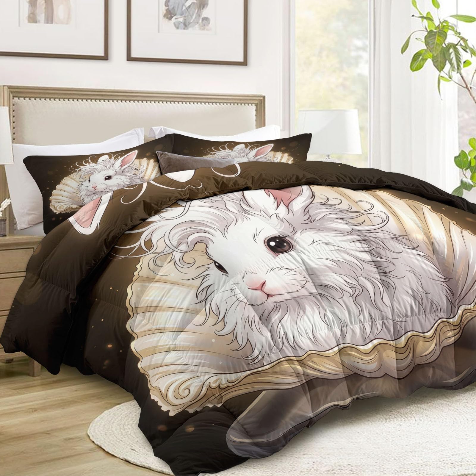 Piumone Invernale Matrimoniale 220 x 240 cm Fantasia Animali Coniglio Bianco Trapunta in Ecopiuma 400 gr/mq, Caldo ed Elegante – Biancheria da Letto Anallergica e Traspirante – Set 3 Pezzi, Beige