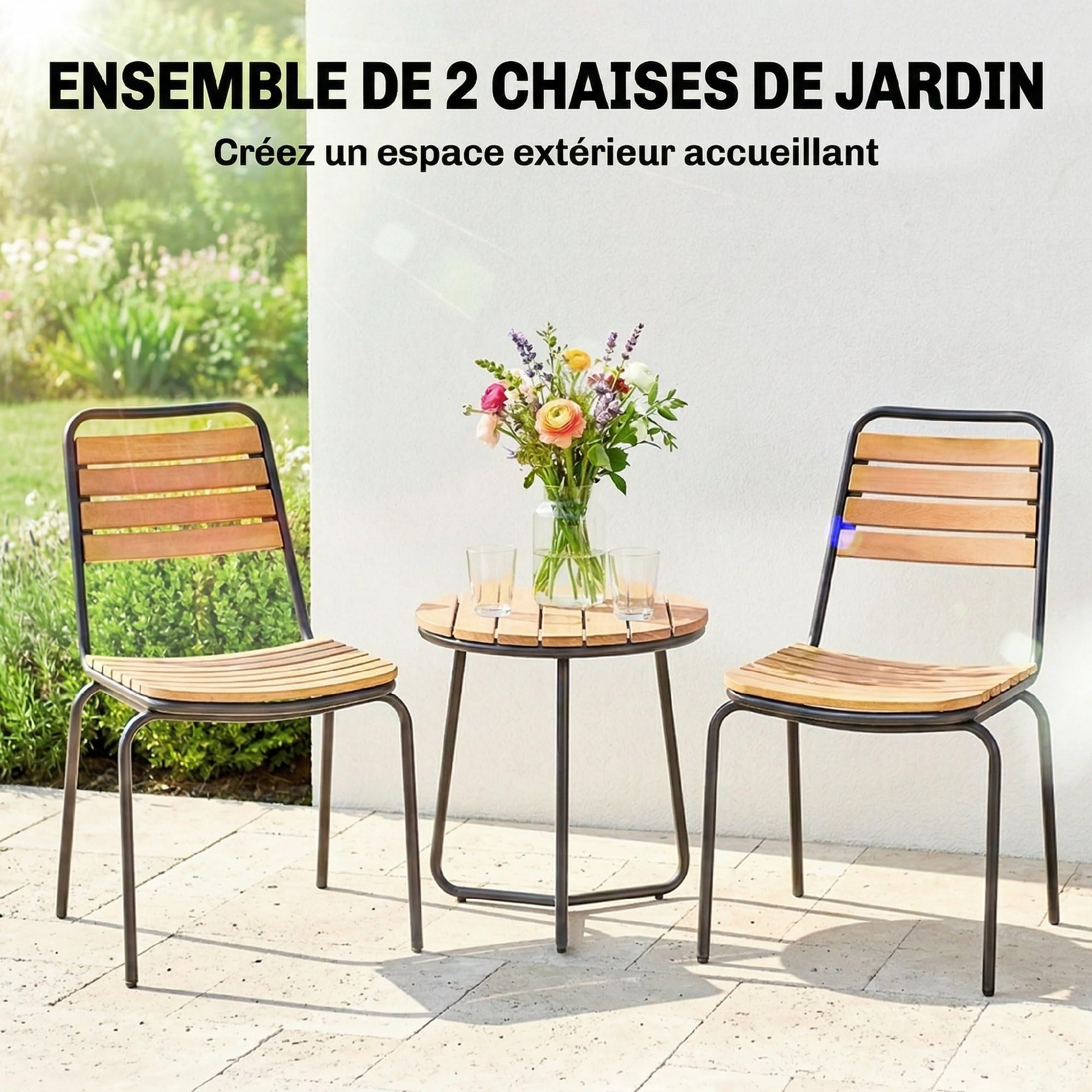 Outsunny Lot de 2 Chaises de Jardin Empilables, Assise et Dossier en Bois Massif à Lattes, Structure en Acier, Chaises d'Extérieur pour Terrasse Balcon Bistro, 61x47x81cm, Naturel