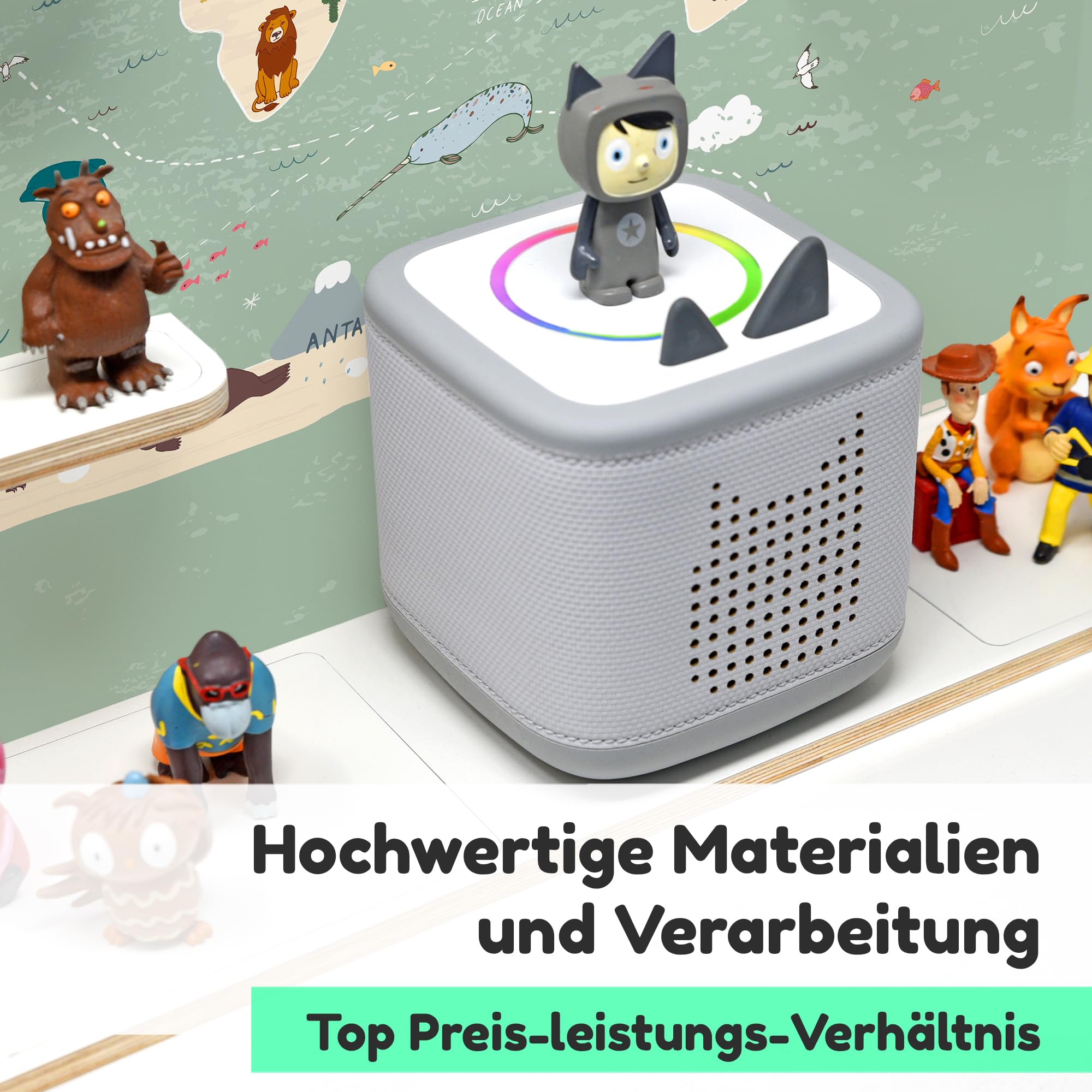stadtecken Holzregal passend für Toniebox 2 I Geeignet für ca. 50 Tonies I Perfekte Aufbewahrung im Kinderzimmer I Regal zum Aufstellen oder Aufhängen (Atlas, Groß)