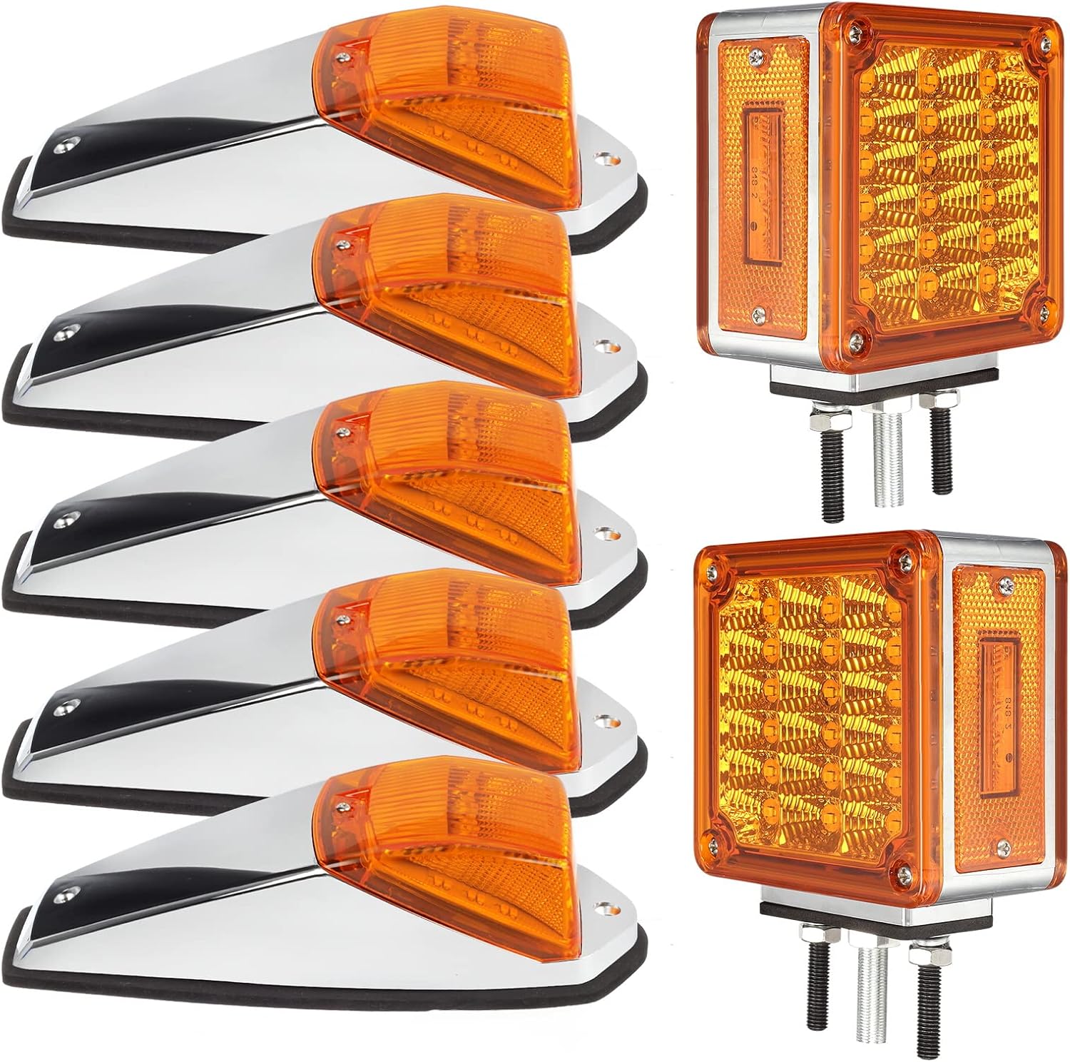 Partsam 5PCS 31LED Cab Marker Top Roof Running Lights + Amber/Amber Square Double Face Pedestal Stop Turn Tail Light 39LED Replacement for Peterbilt/Kenworth/Freightliner/Mack