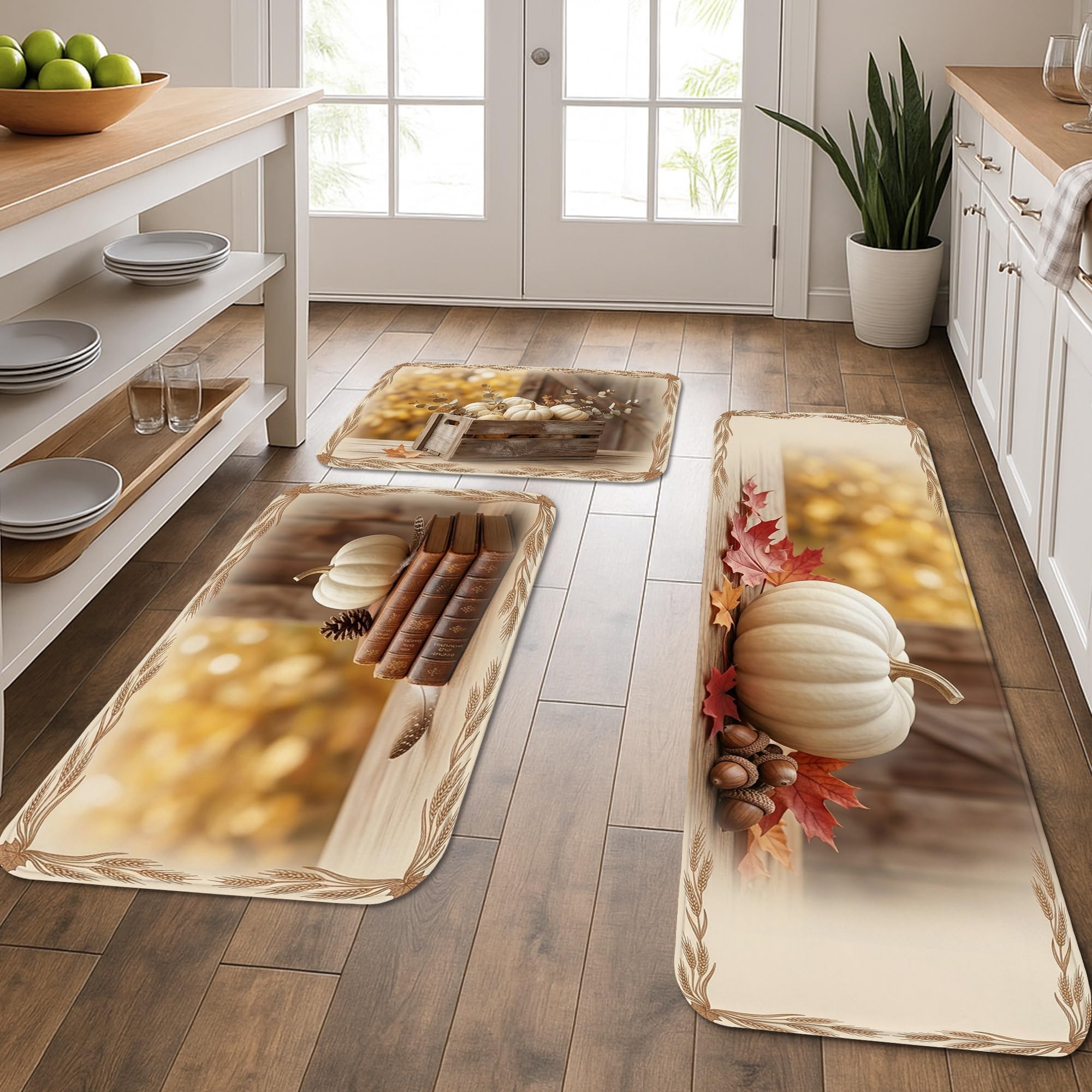 Tapis de cuisine beige lot de 3 rembourrés motif citrouilles et cannelle rustiques