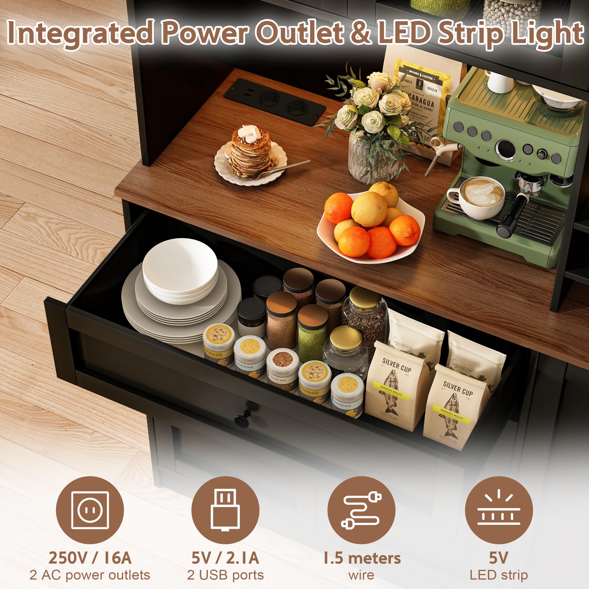 Küchenschrank Buffetschrank, Küchenschränke mit 6-Fach Weinregal, Sideboard mit LED-Licht, Steckdose, Verstellbare Böden, Anti-Kipp, Küchenbuffet für Küche, Esszimmer, Wohnzimmer (Schwarz)