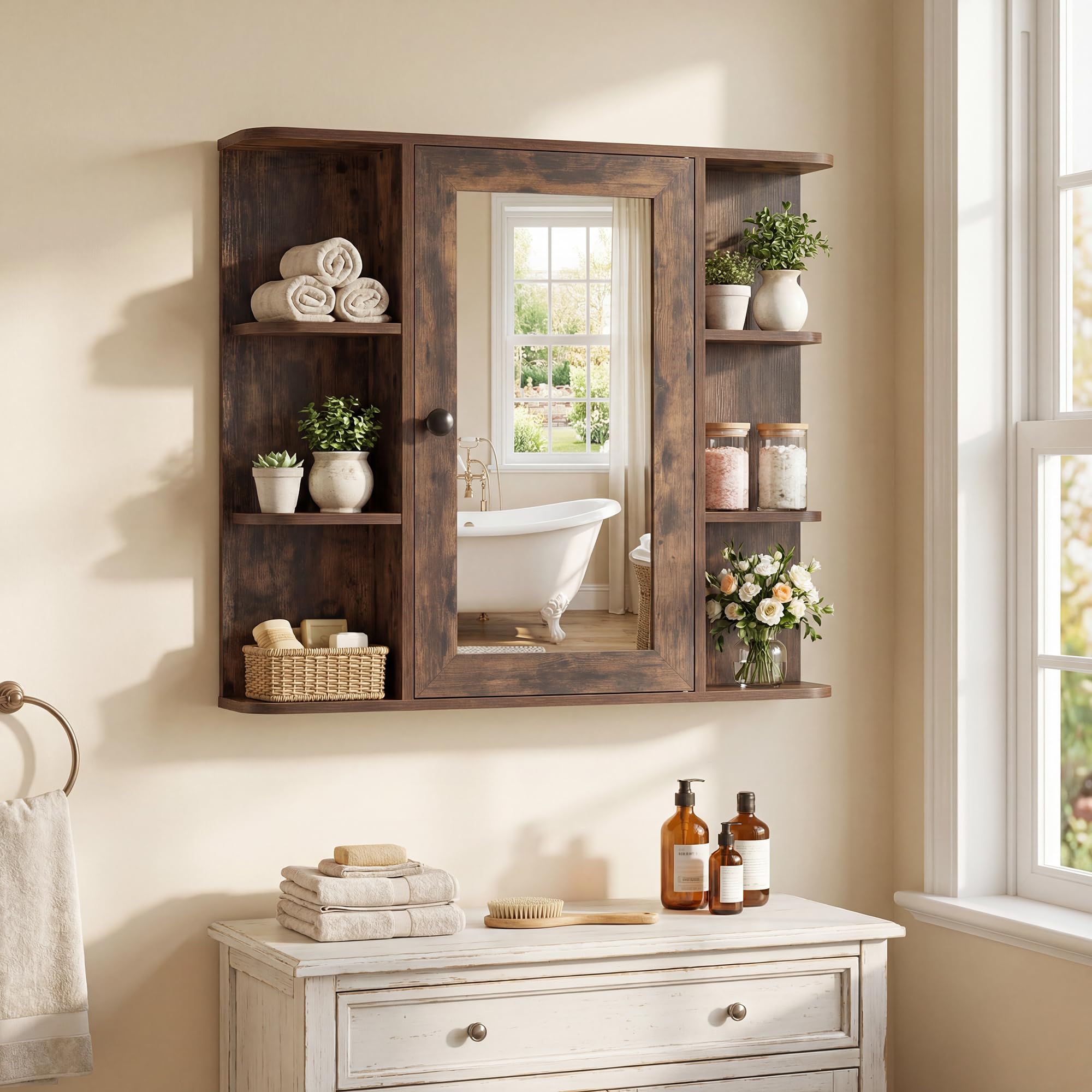 LIFEZEAL Specchio Bagno Contenitore, Mobile Bagno con Specchio con 6 Ripiani Aperti e 3 Chiusi, 1 Anta, Mobiletto Pensile Salvaspazio da Letto, per Soggiorno e Camera, 66 x 16,5 x 63 cm (Marrone)