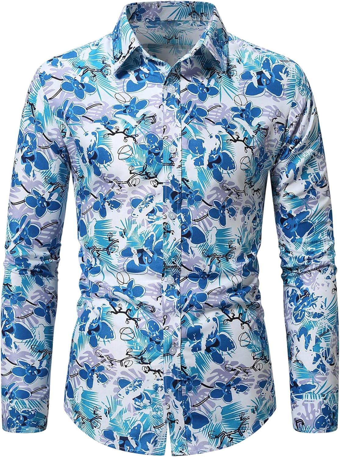OYOANGLE Men's Hawaiian Shirts Floral Print Long Sleeve Button Down Beach Vacation Shirt Tops