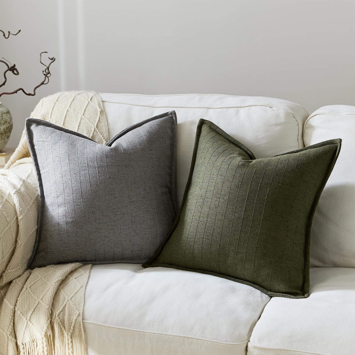 18x18 Linen Pillow Covers Olive Green Pack of 2 Farmhouse Boho Neutral Accents Striped Textured Square Decorative Throw Pillow Cases for Living Room Couch Bed Home Decor - Image 4
