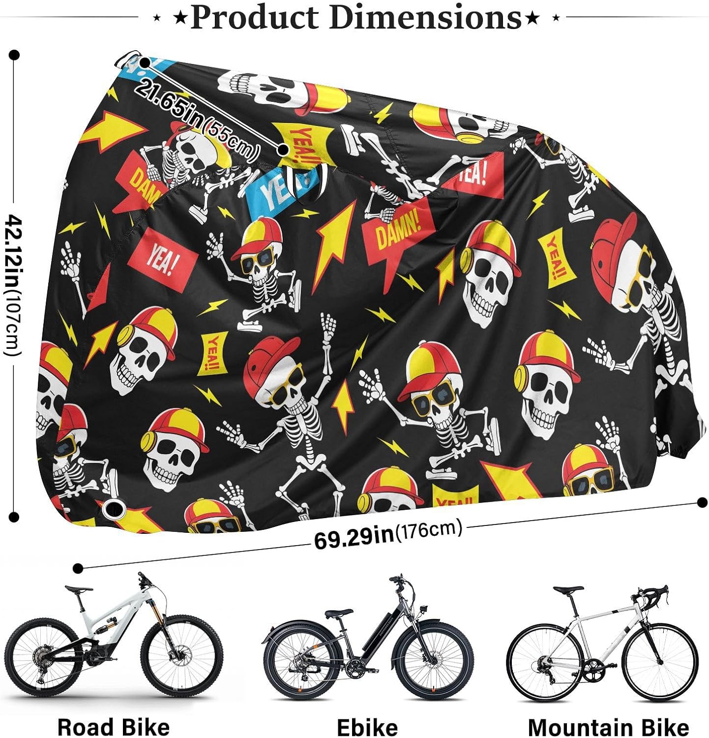 ALAZA Cool Skull Bike Cover Waterproof Outdoor Ebike Bicycle Covers Tarp Protection for 1/2 Bikes, Sun UV Dust Wind Proof