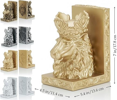 Miniatura 4 de Sujetalibros decorativos de estatua de león (juego de 2) escultura de león corona para regalo de Leo, sujetalibros resistentes, extremos