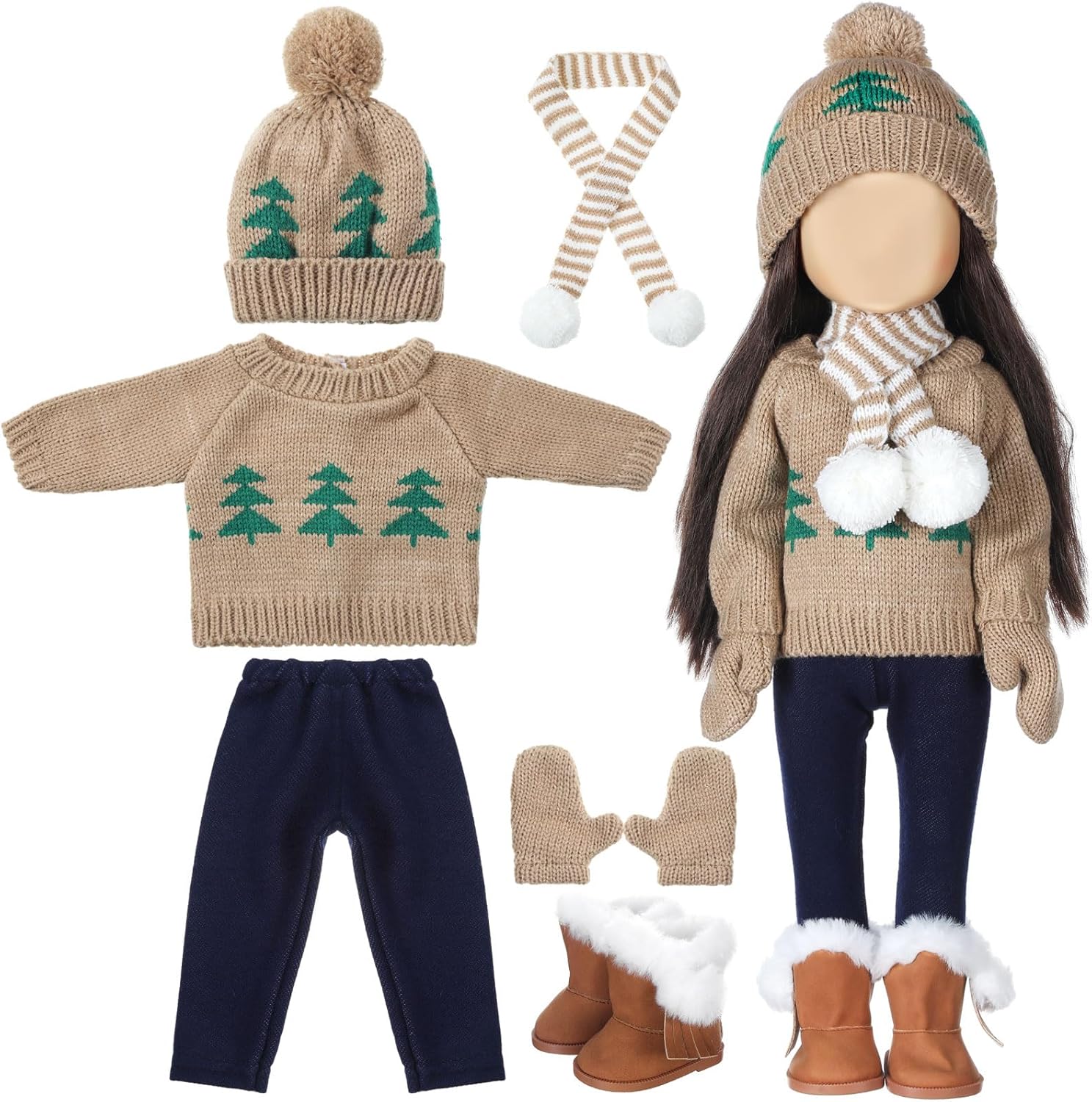 Bencailor 6 Pcs Winter 18 Inch Doll Clothes and Accessories Winter Outfits Set Sweaters Trousers Hats Shoes for 18 Inch Doll Gifts(Brown White,Simple)